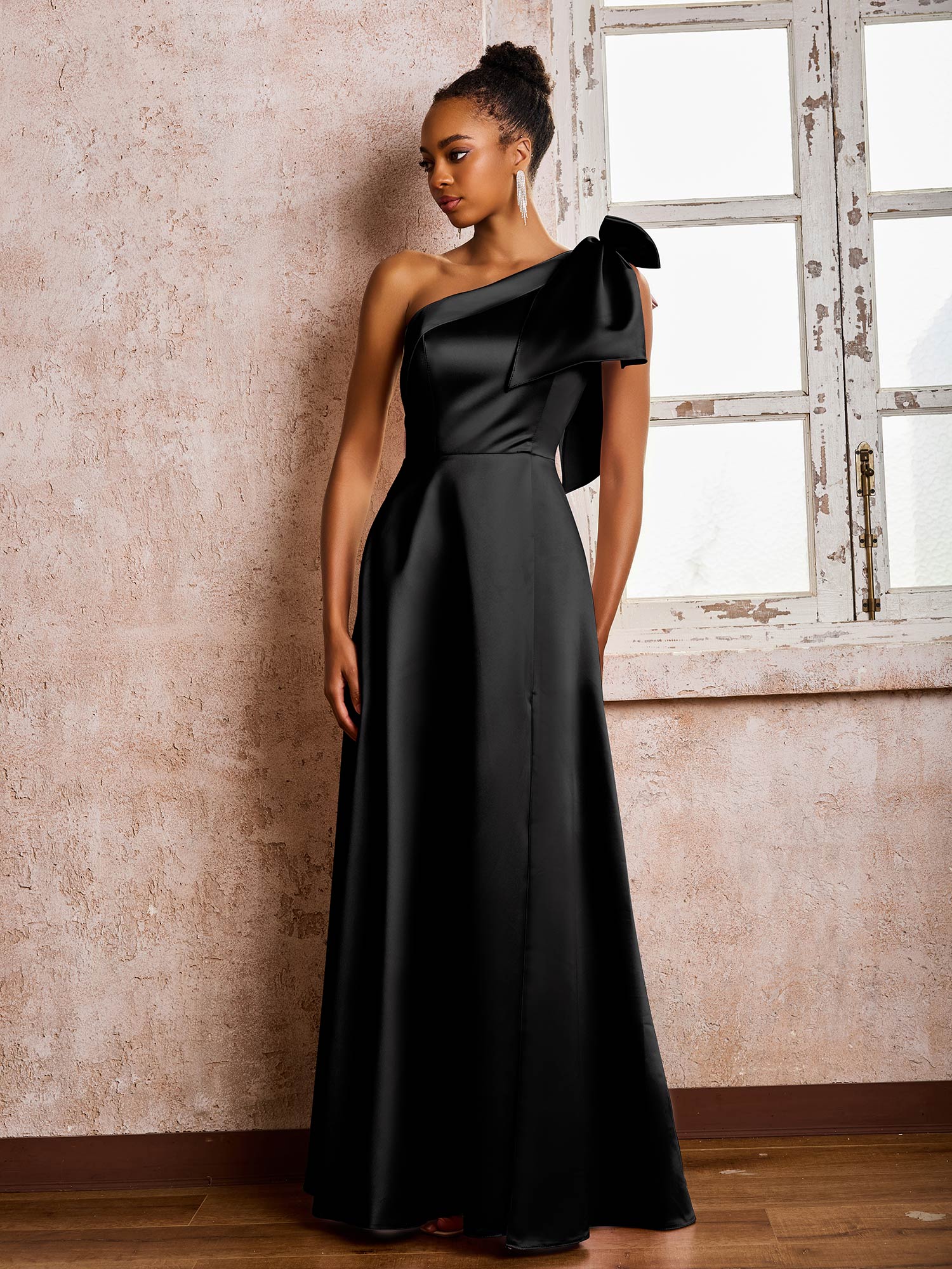 A-line Bowed One Shoulder Satin Dresses With Front Slit Black - Image 3