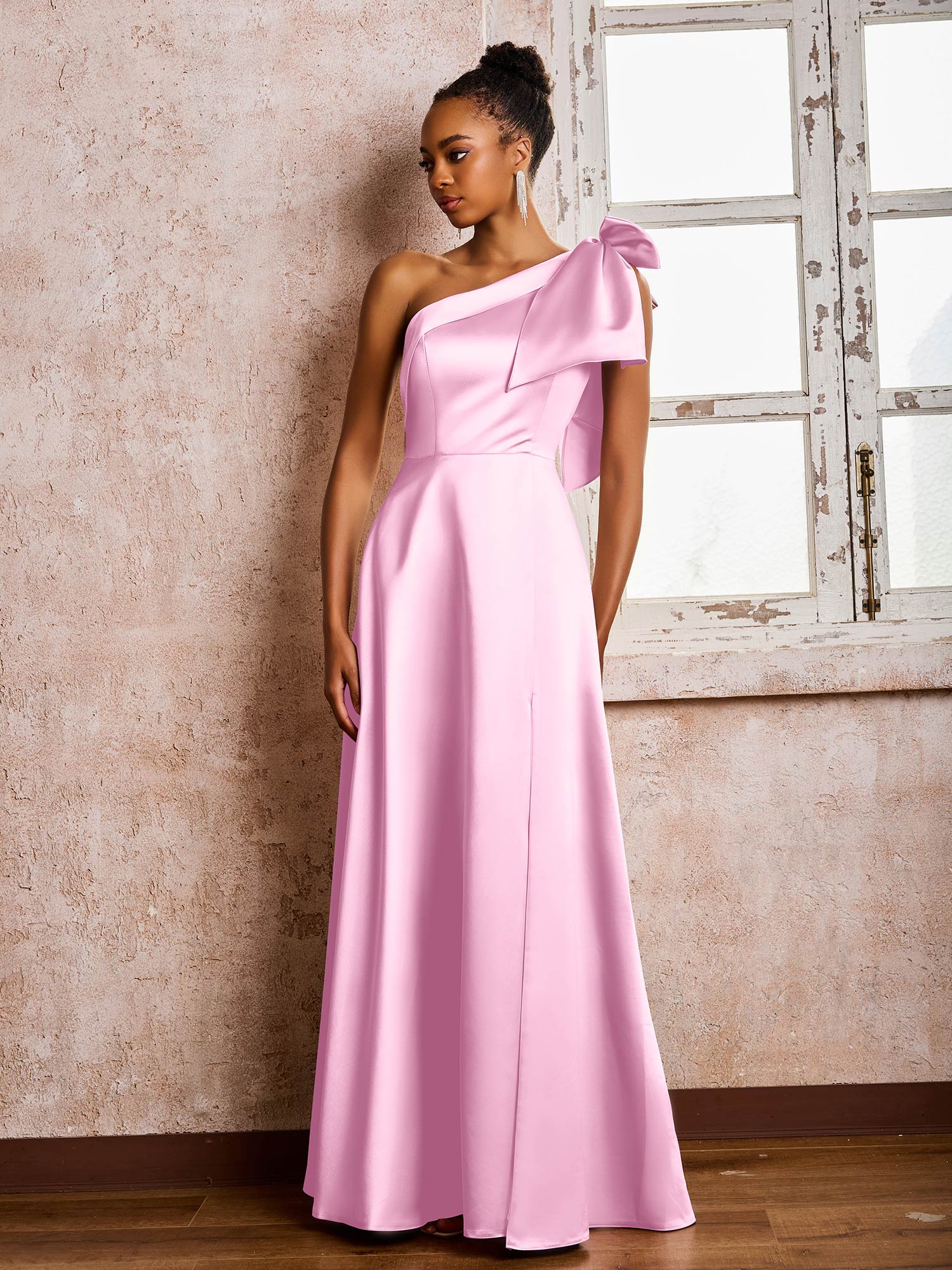 A-line Bowed One Shoulder Satin Dresses With Front Slit Candy Pink - Image 3