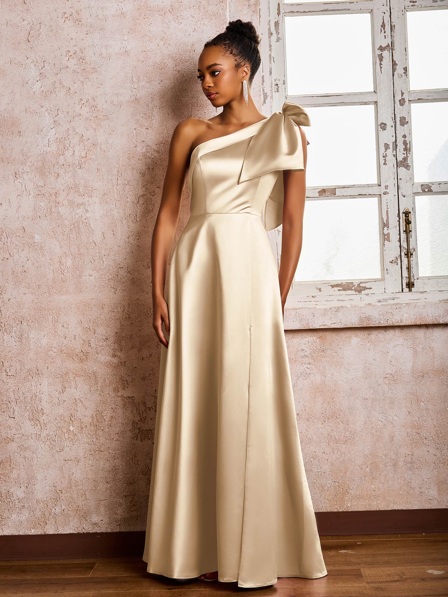 A-line Bowed One Shoulder Satin Dresses With Front Slit Champagne - Image 3