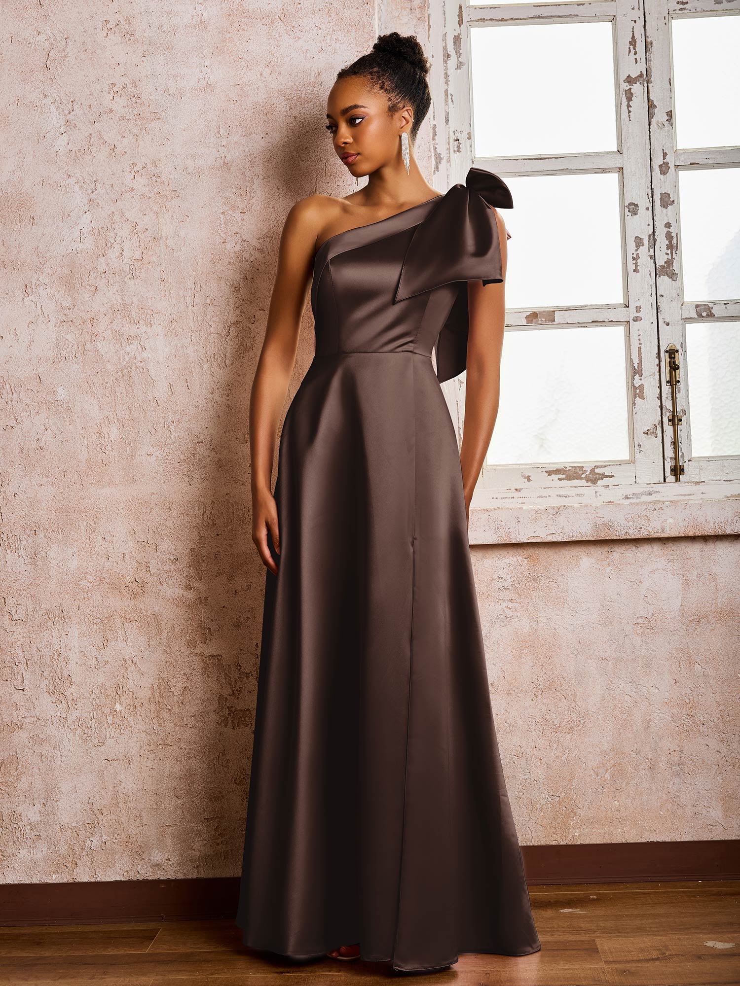 A-line Bowed One Shoulder Satin Dresses With Front Slit Chocolate - Image 3
