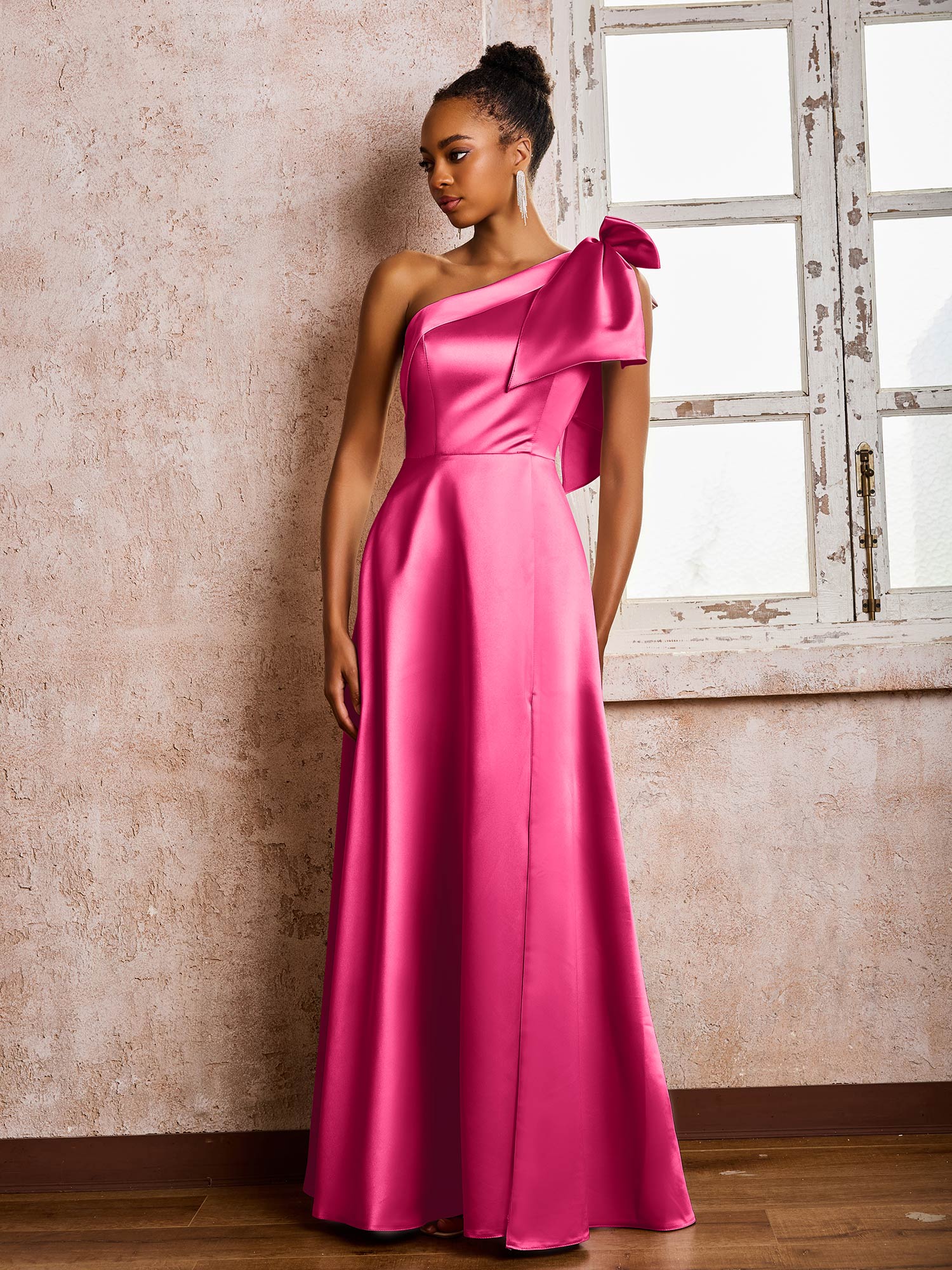 A-line Bowed One Shoulder Satin Dresses With Front Slit Fuchsia - Image 3