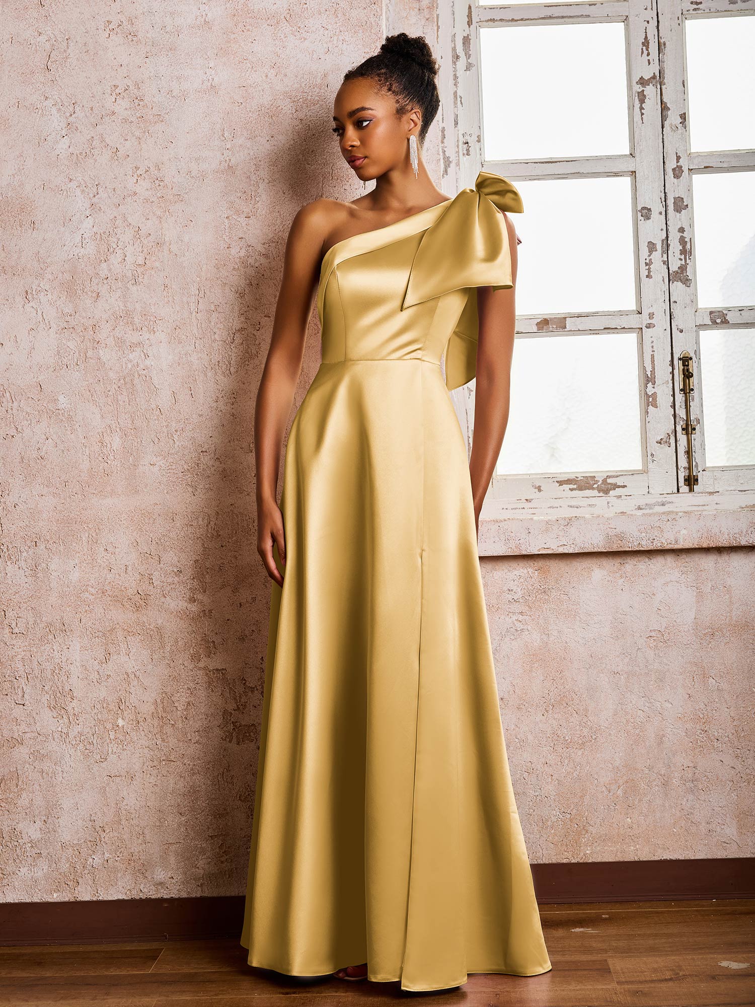 A-line Bowed One Shoulder Satin Dresses With Front Slit Gold - Image 3