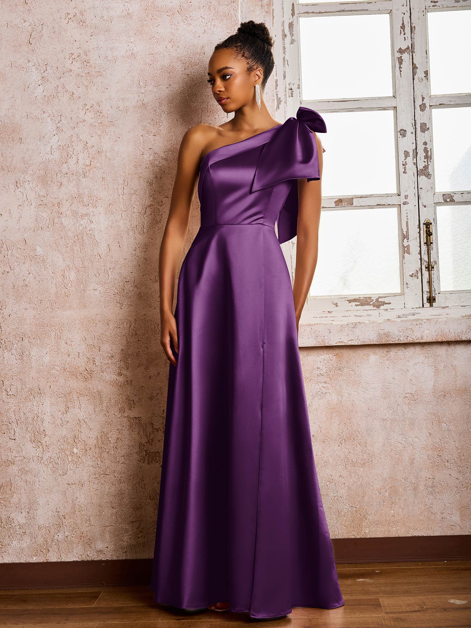 A-line Bowed One Shoulder Satin Dresses With Front Slit Grape - Image 3