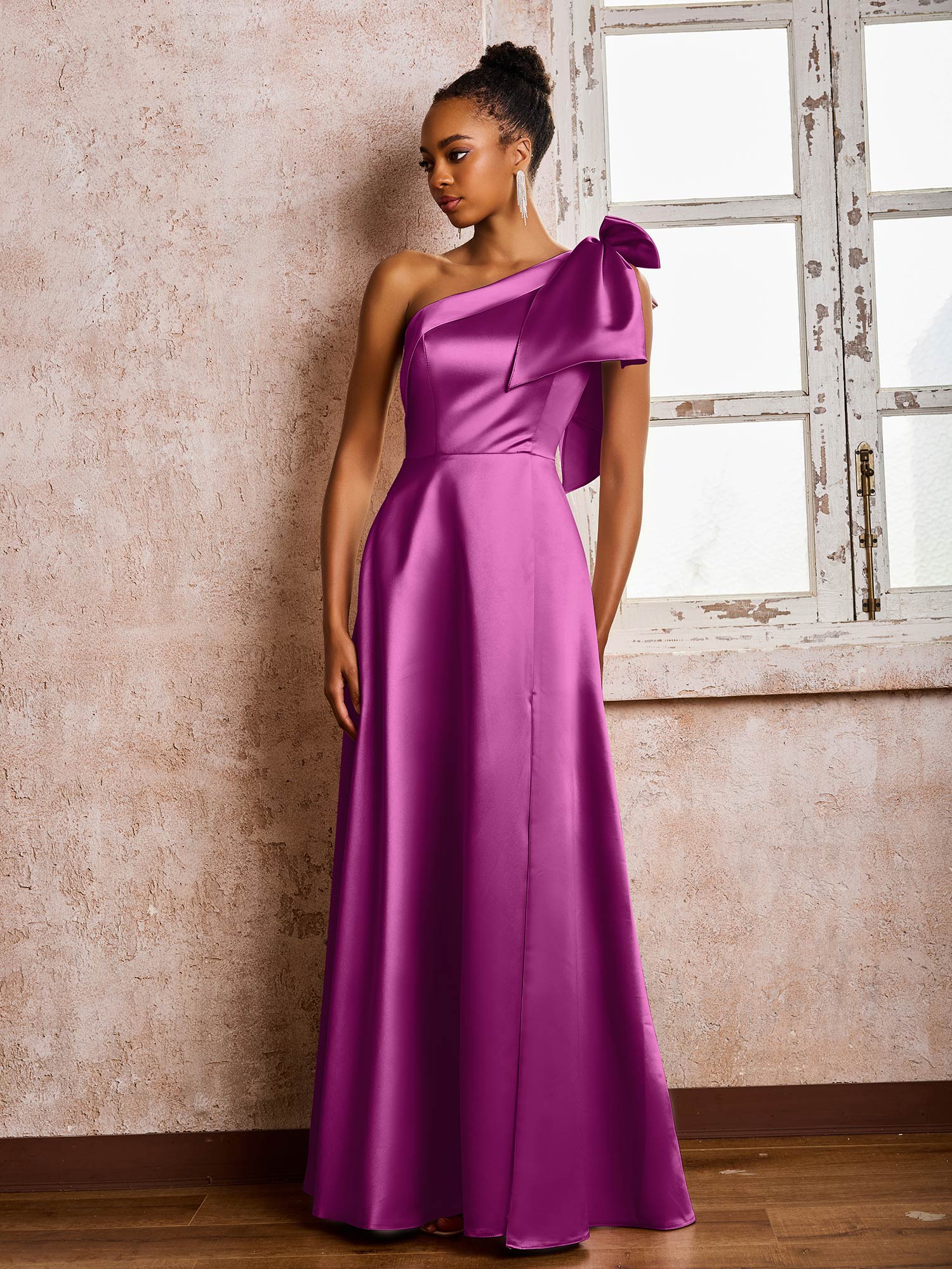 A-line Bowed One Shoulder Satin Dresses With Front Slit Orchid - Image 3