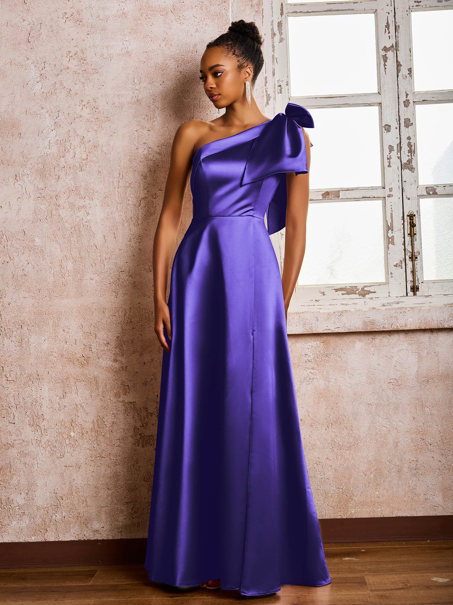 A-line Bowed One Shoulder Satin Dresses With Front Slit Regency - Image 3
