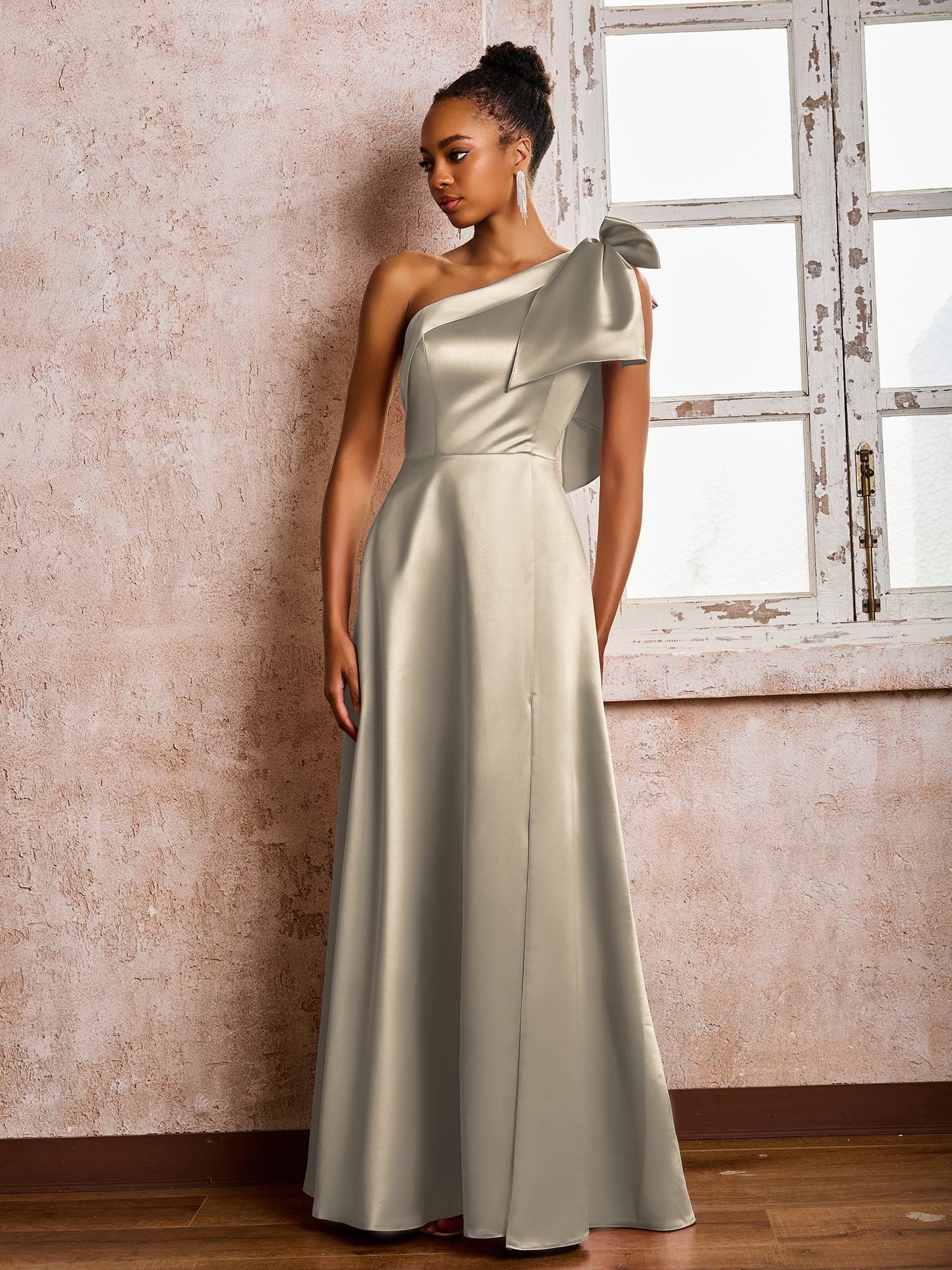 A-line Bowed One Shoulder Satin Dresses With Front Slit Taupe - Image 3