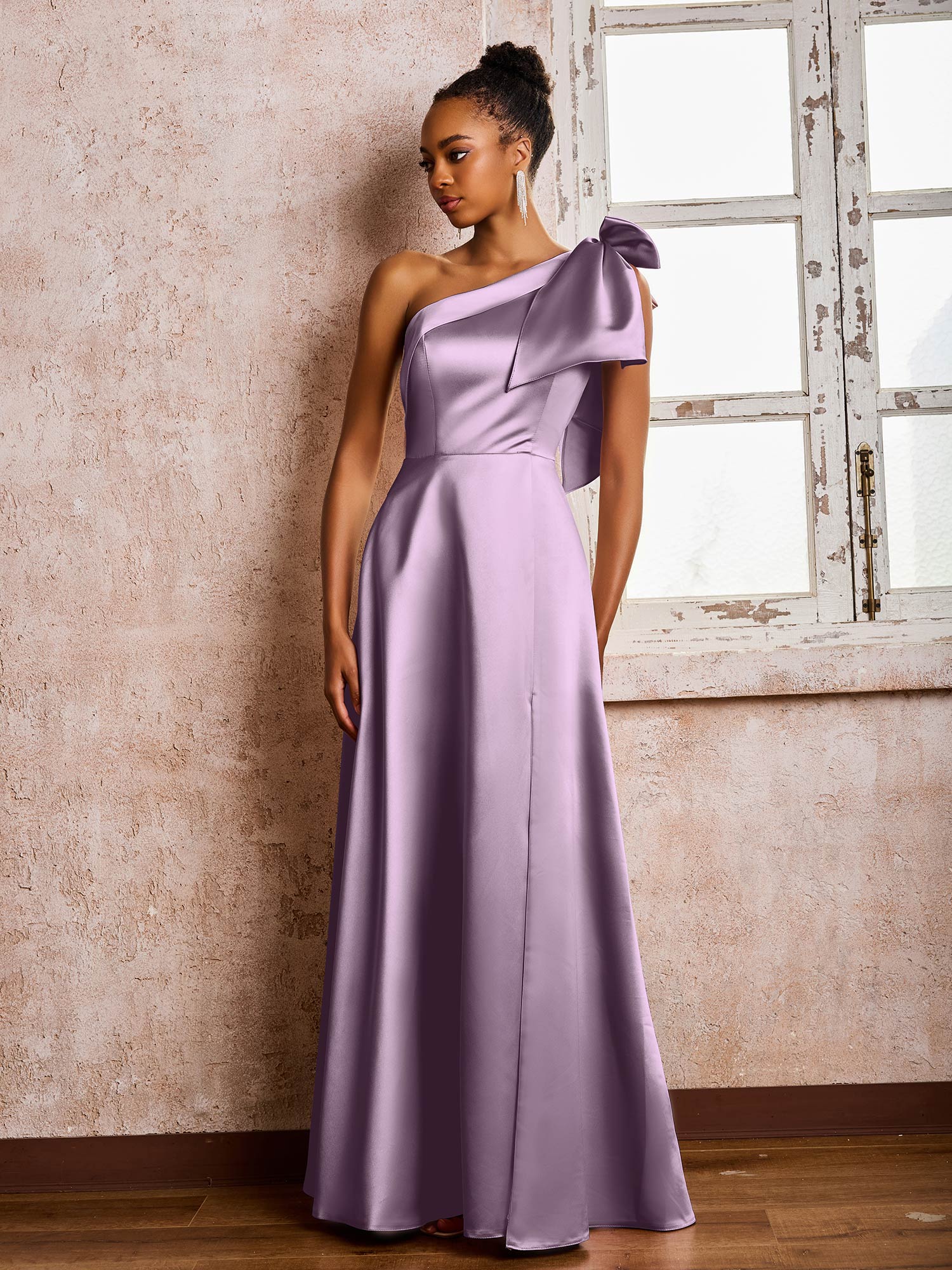 A-line Bowed One Shoulder Satin Dresses With Front Slit Wisteria - Image 3