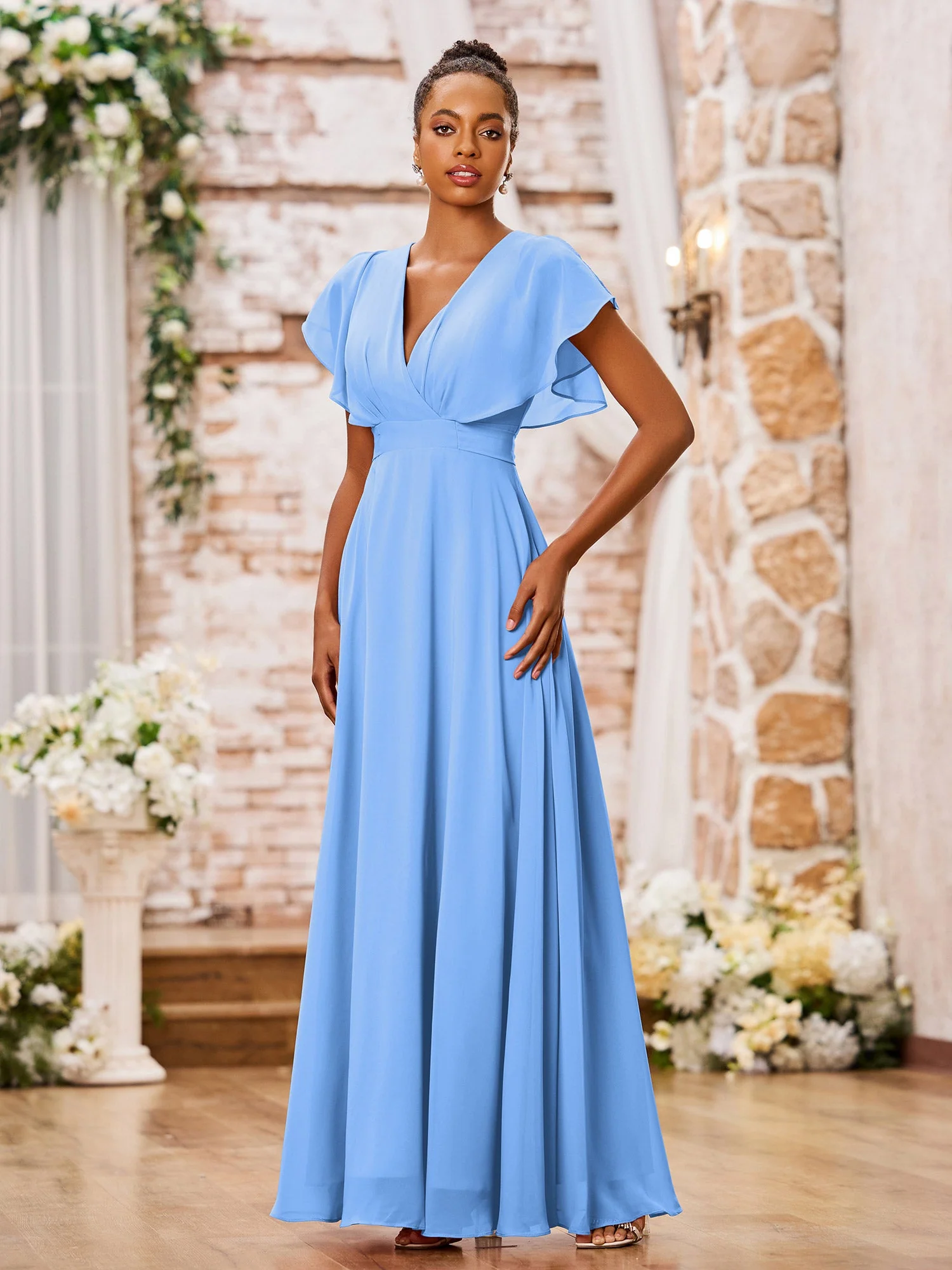 A-line Chiffon Dresses with Deep V-neck and Cap Sleeves Blue - Image 3