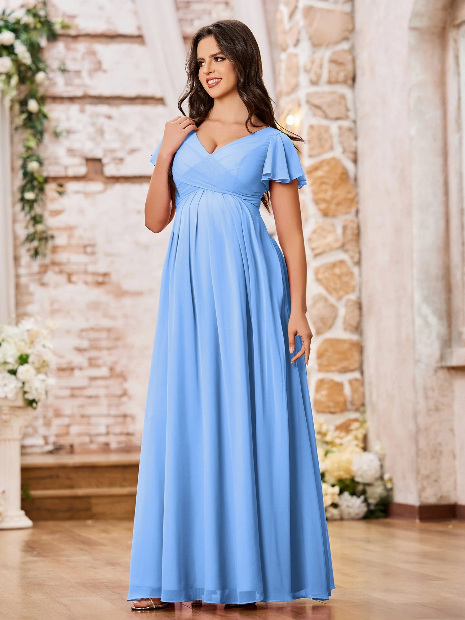 A-line Chiffon Dresses with Empire Waist and Cap Sleeves Blue - Image 3