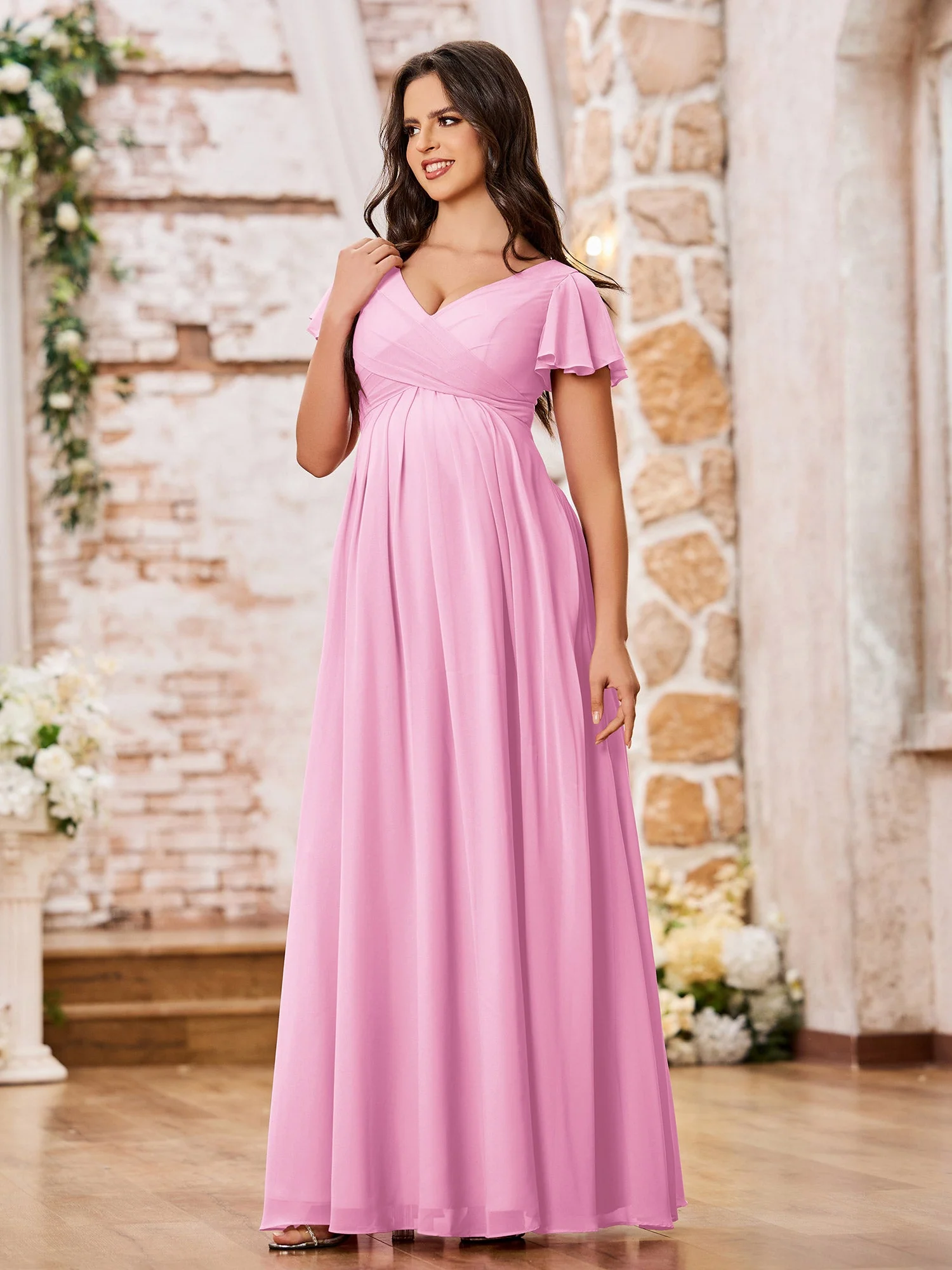 A-line Chiffon Dresses with Empire Waist and Cap Sleeves Candy Pink - Image 3
