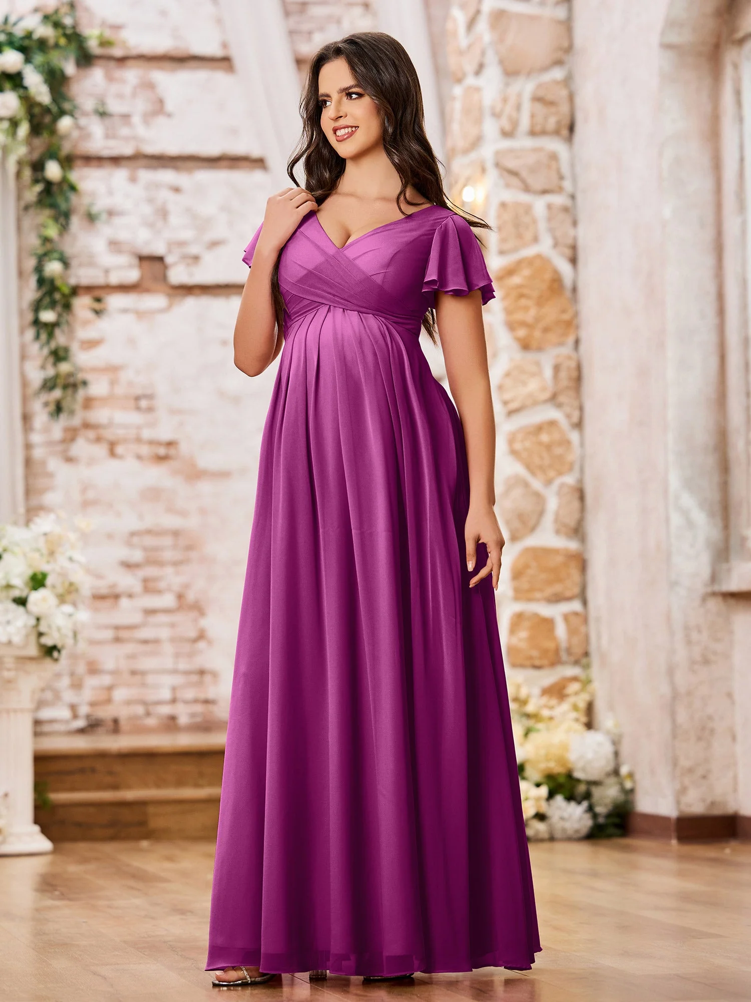 A-line Chiffon Dresses with Empire Waist and Cap Sleeves Orchid - Image 3
