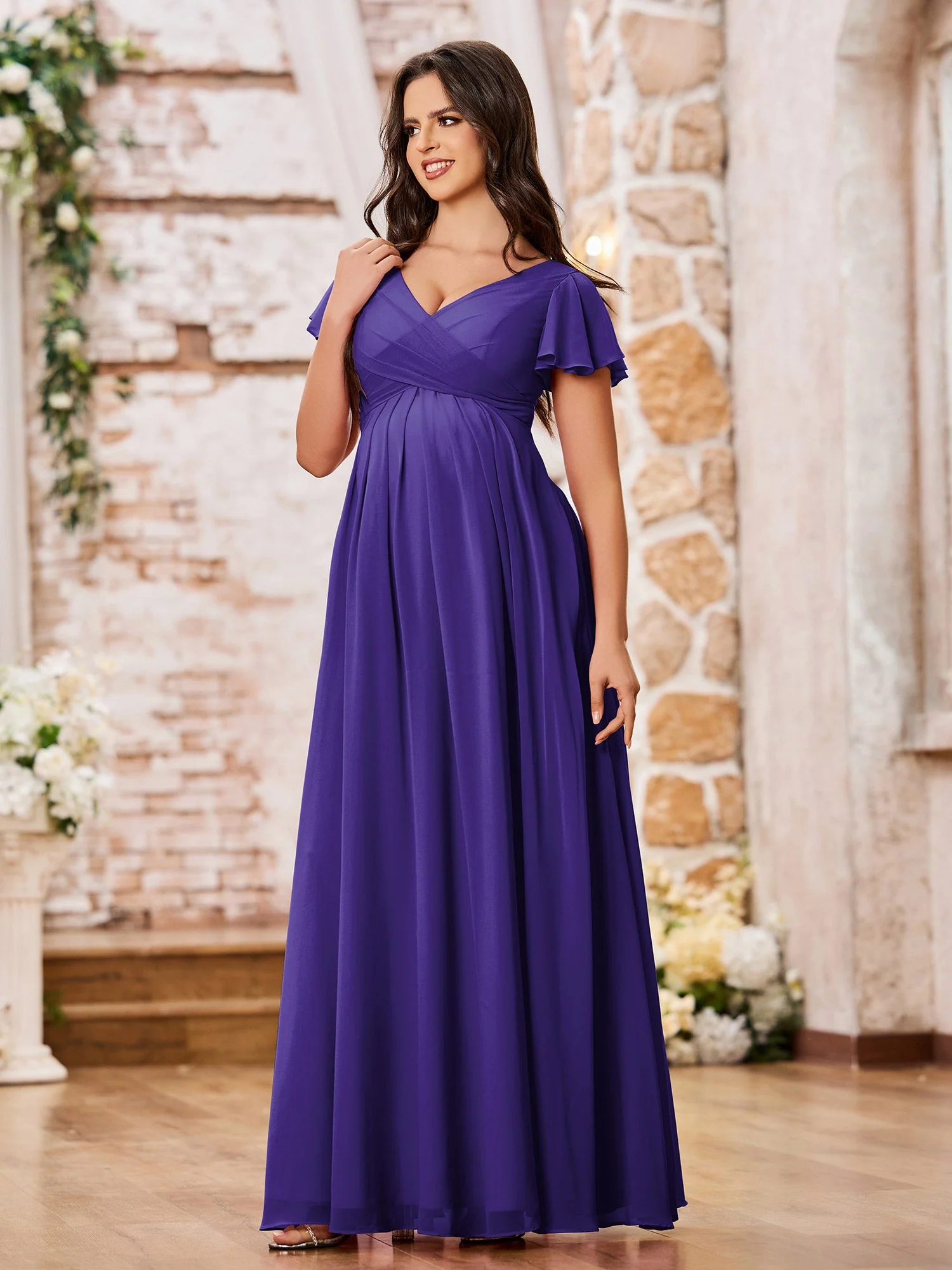 A-line Chiffon Dresses with Empire Waist and Cap Sleeves Regency - Image 3