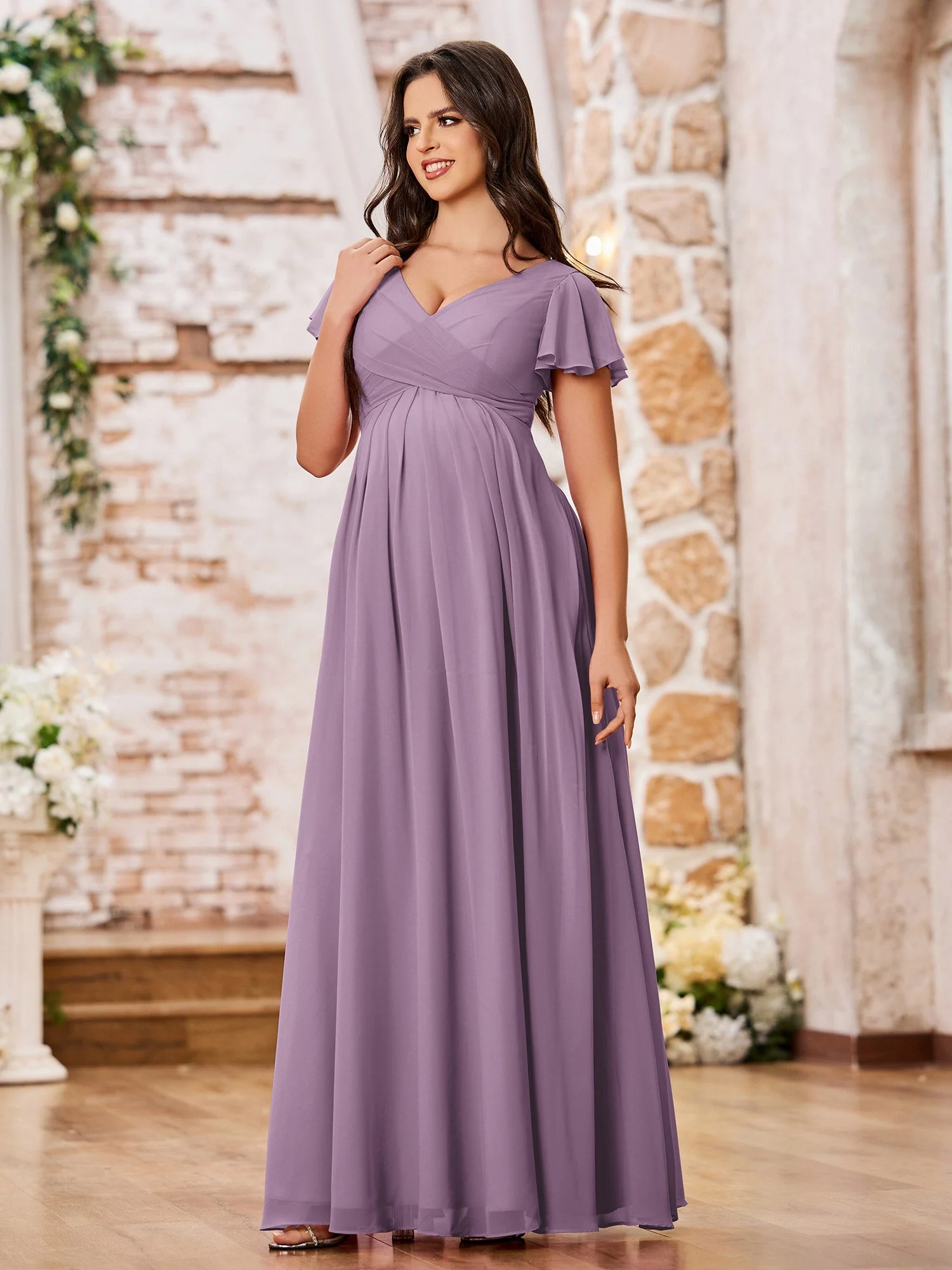 A-line Chiffon Dresses with Empire Waist and Cap Sleeves Wisteria - Image 3