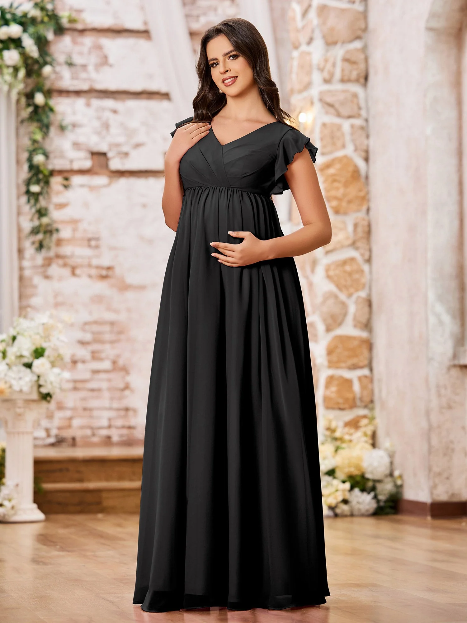 A-line Chiffon Maxi Dresses with Flutter Sleeves Black - Image 3