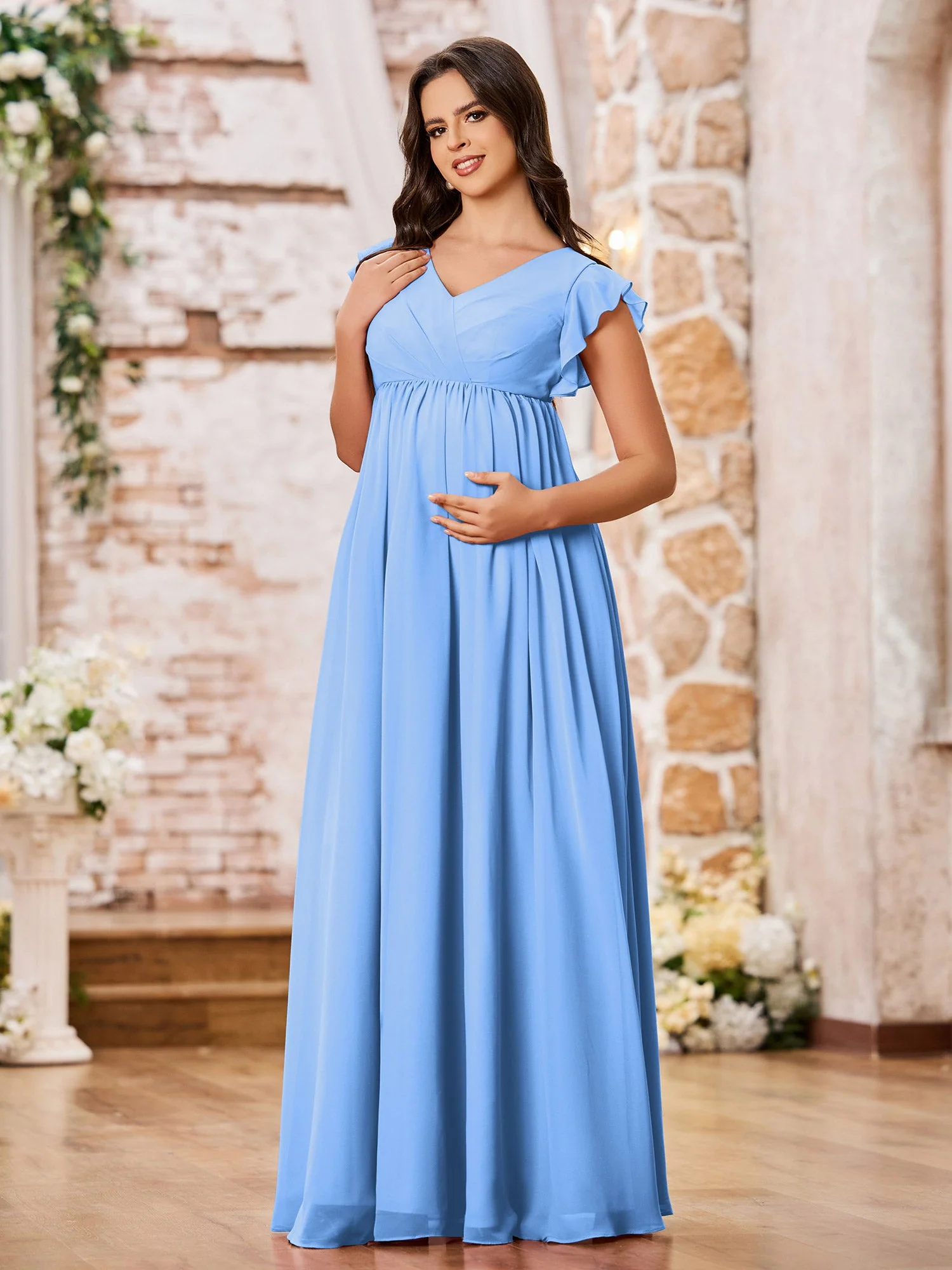 A-line Chiffon Maxi Dresses with Flutter Sleeves Blue - Image 3