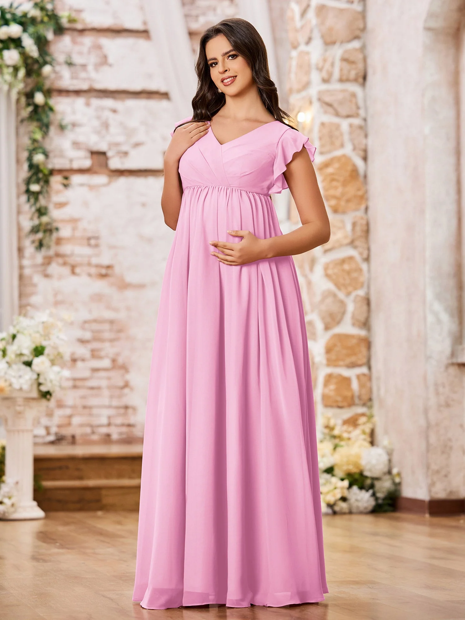 A-line Chiffon Maxi Dresses with Flutter Sleeves Candy Pink - Image 3