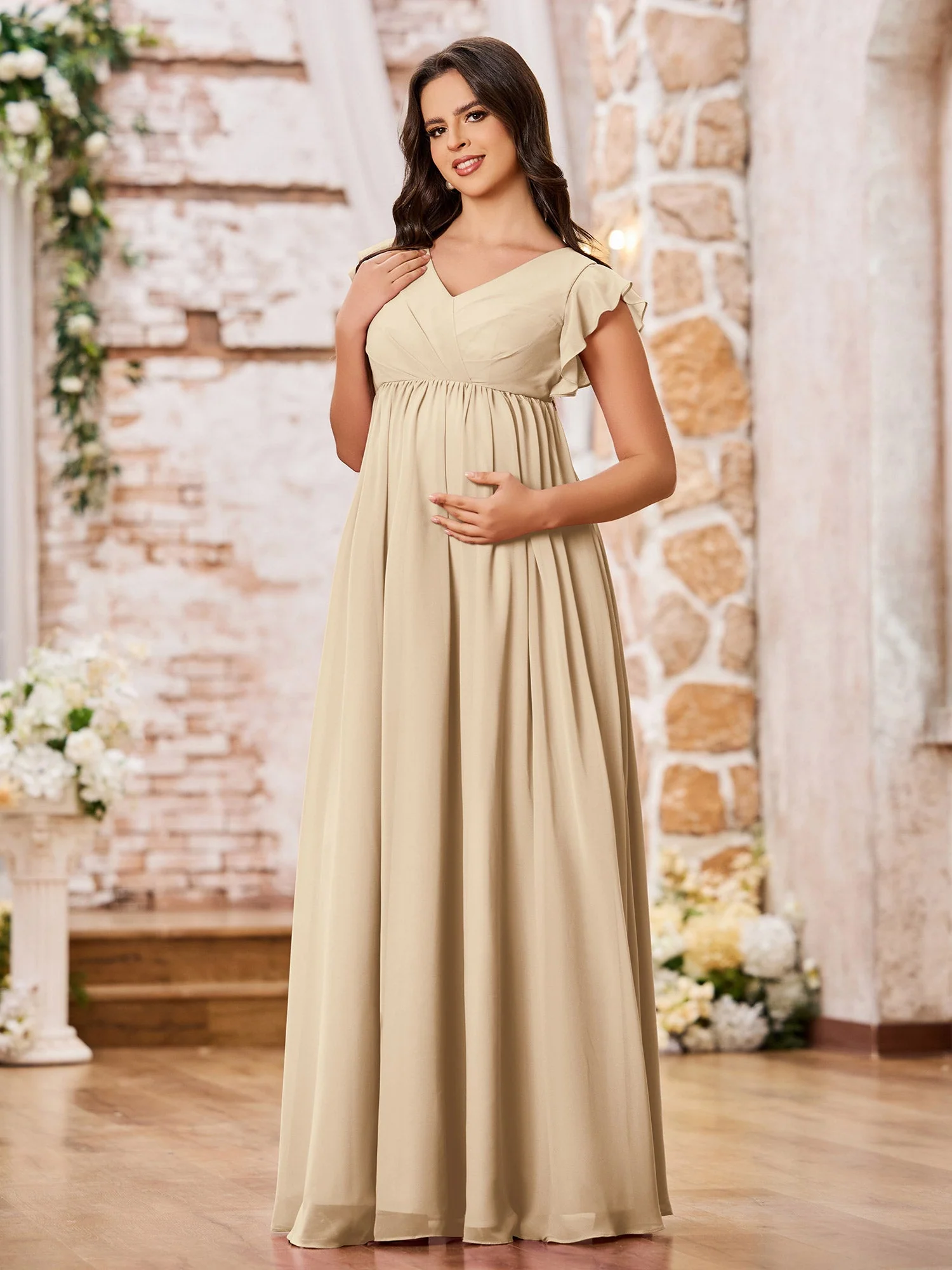 A-line Chiffon Maxi Dresses with Flutter Sleeves Champagne - Image 3