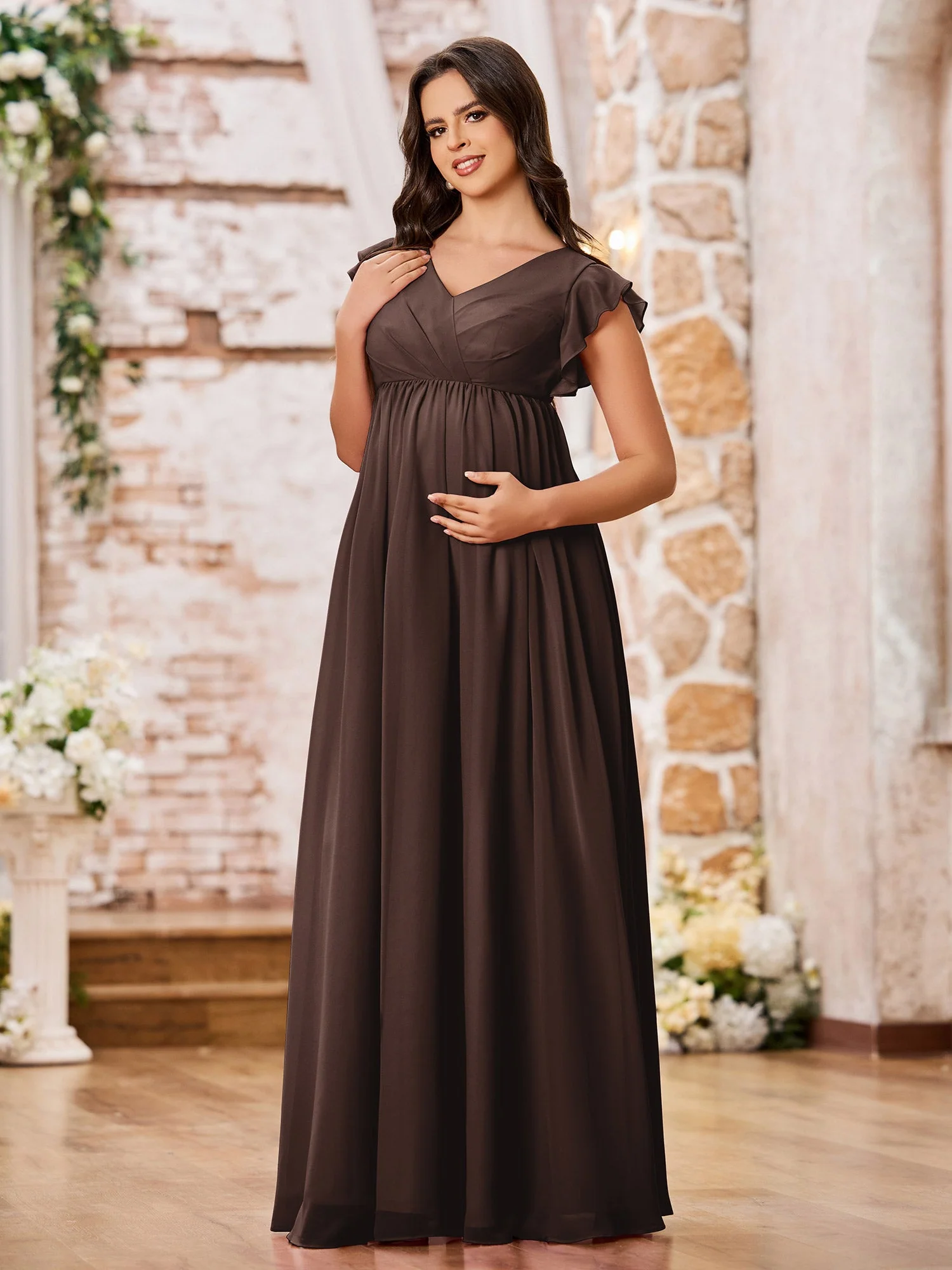 A-line Chiffon Maxi Dresses with Flutter Sleeves Chocolate - Image 3