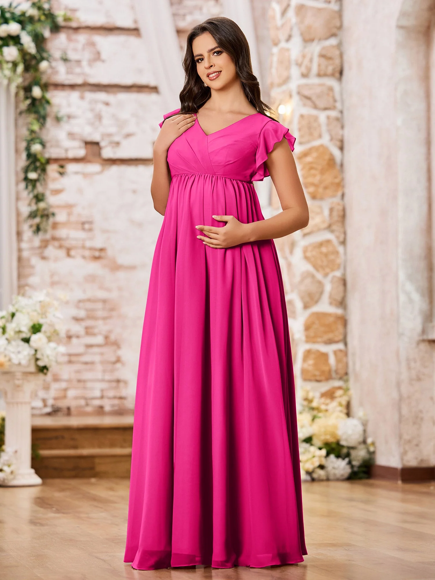 A-line Chiffon Maxi Dresses with Flutter Sleeves Fuchsia - Image 3