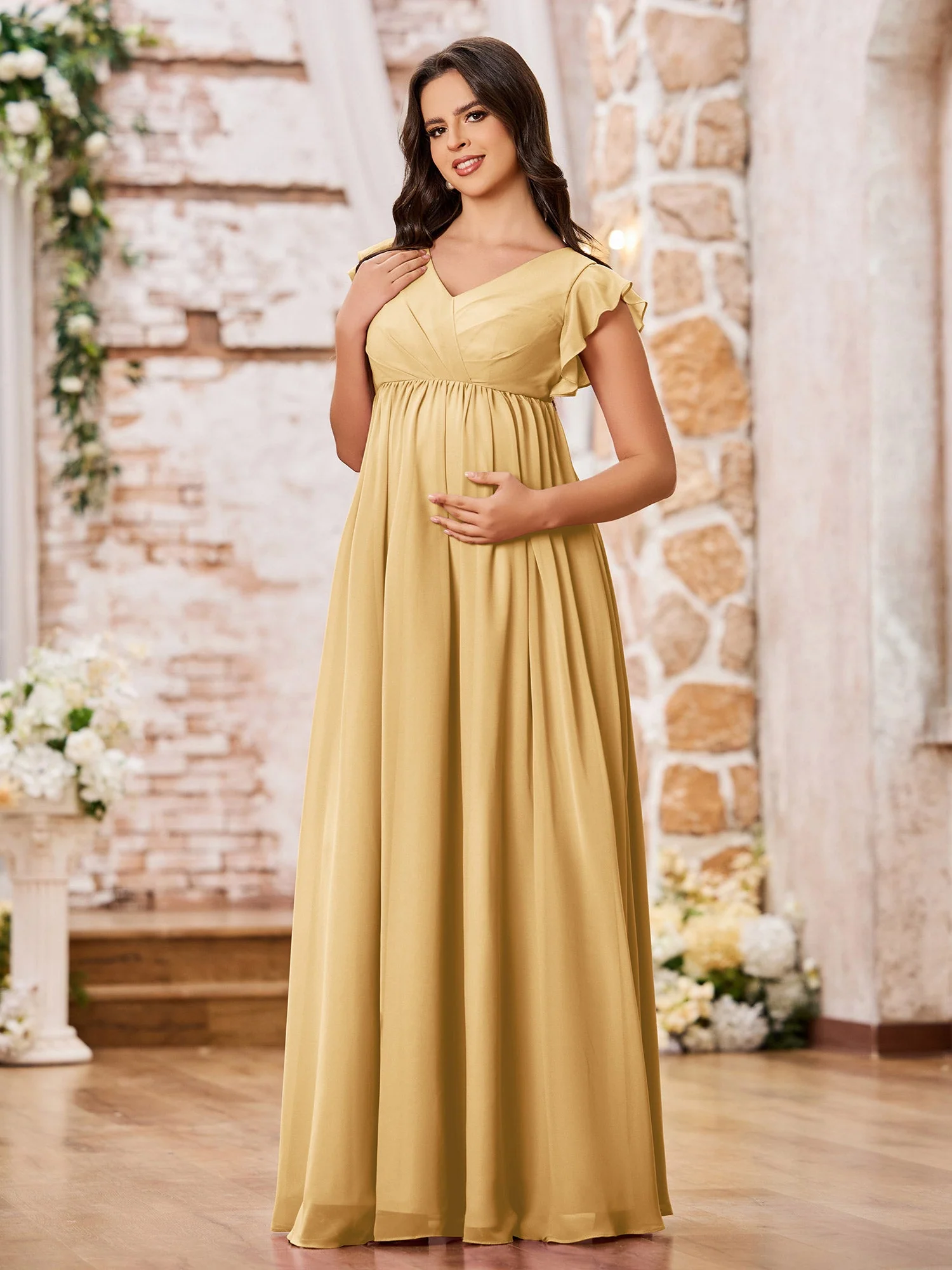 A-line Chiffon Maxi Dresses with Flutter Sleeves Gold - Image 3
