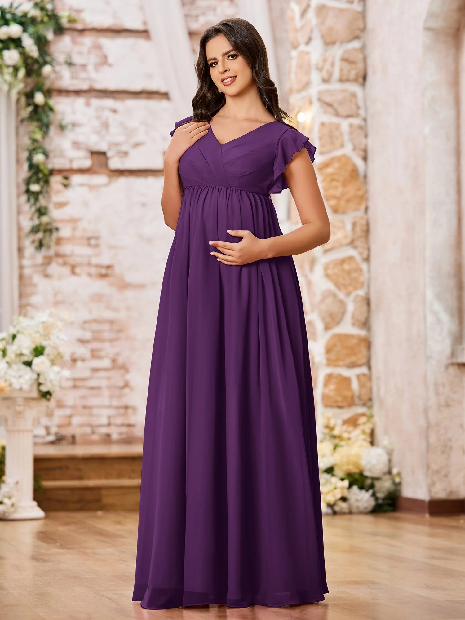 A-line Chiffon Maxi Dresses with Flutter Sleeves Grape - Image 3