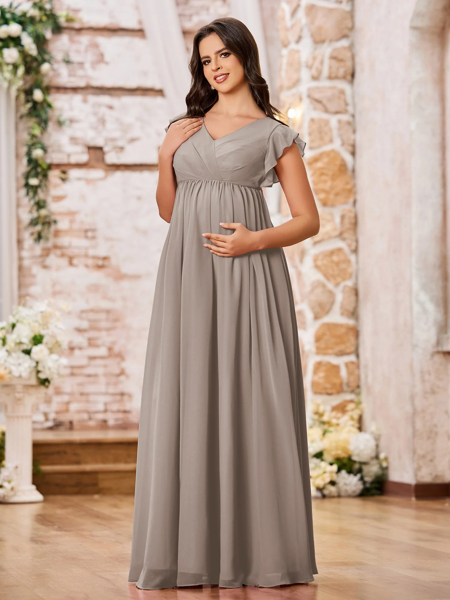 A-line Chiffon Maxi Dresses with Flutter Sleeves Taupe - Image 3