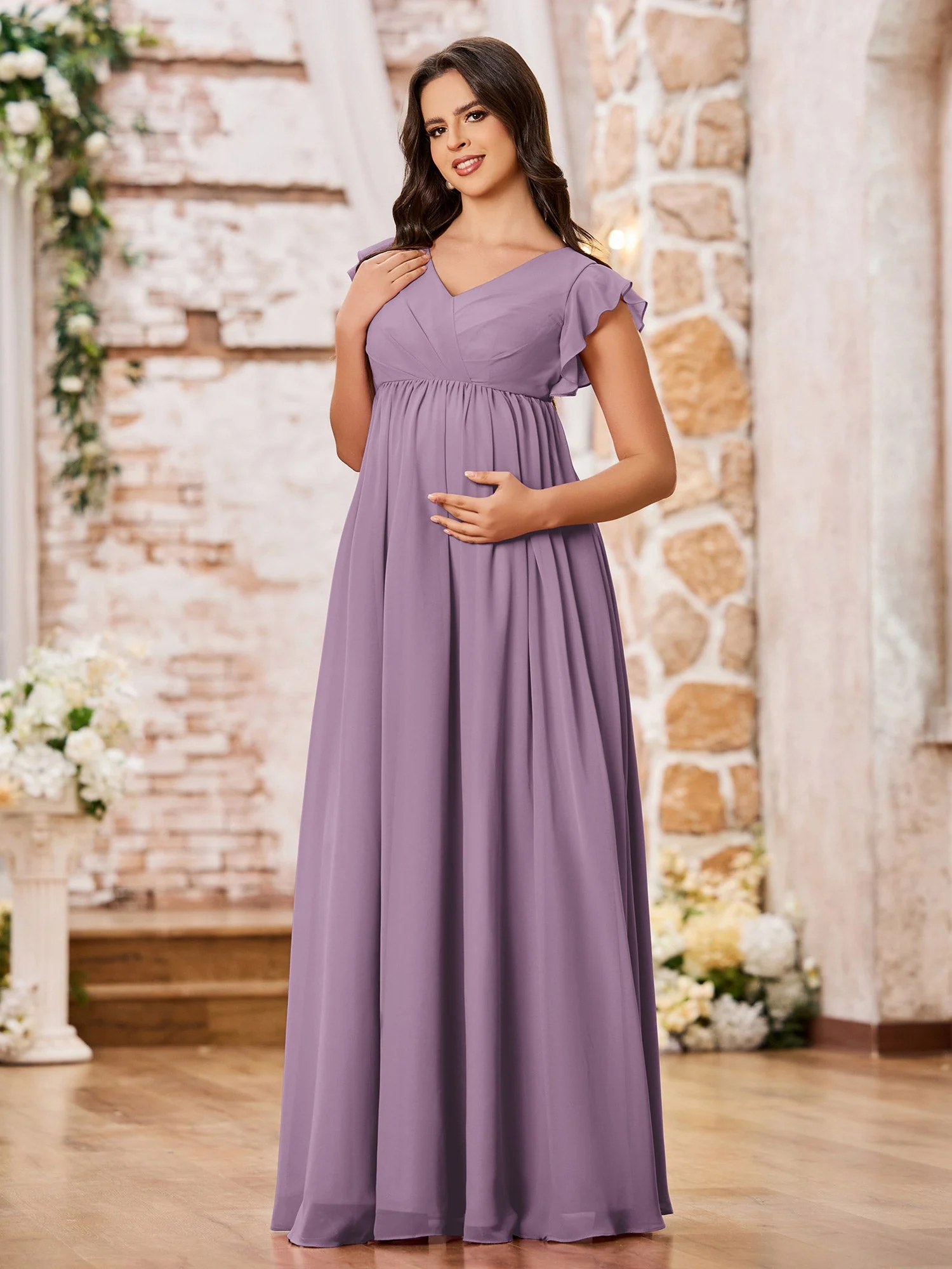 A-line Chiffon Maxi Dresses with Flutter Sleeves Wisteria - Image 3