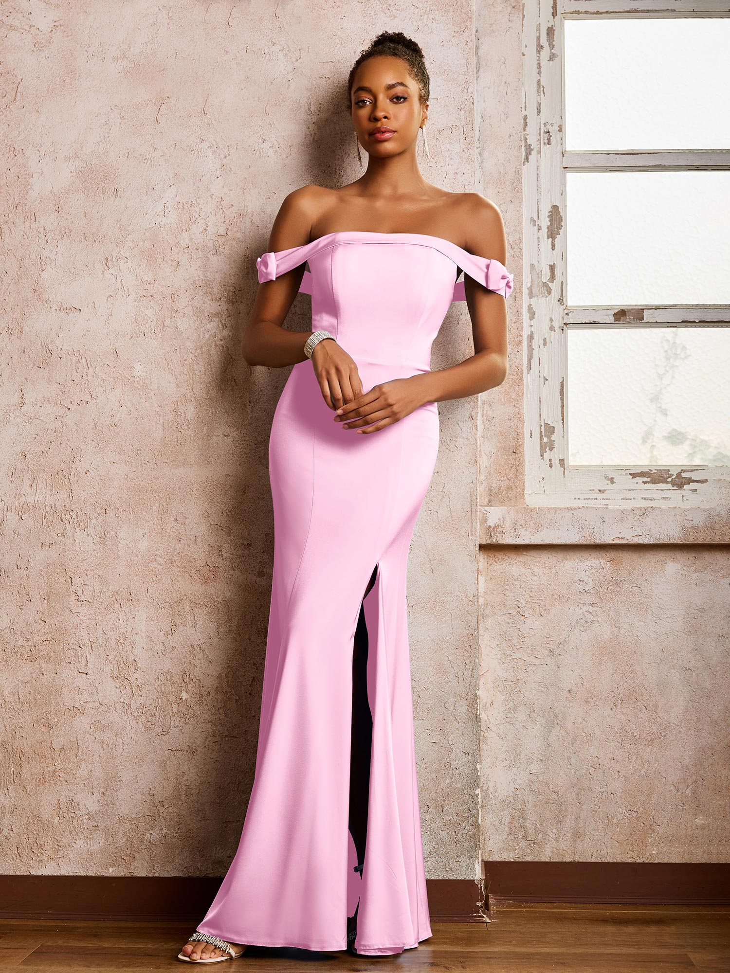 Backless Off-the-shoulder Sheath Dresses With Slit Candy Pink - Image 3