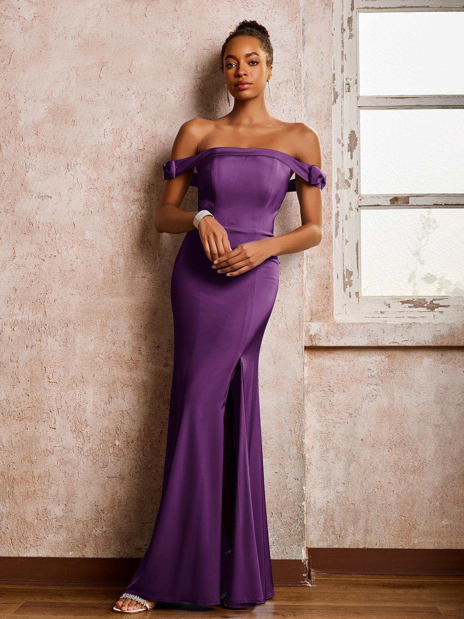 Backless Off-the-shoulder Sheath Dresses With Slit Grape - Image 3