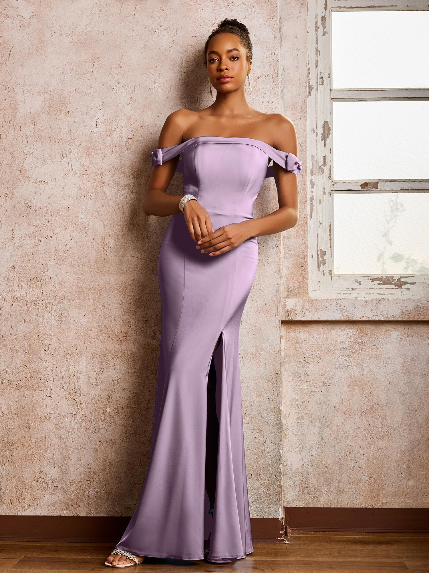 Backless Off-the-shoulder Sheath Dresses With Slit Wisteria - Image 3