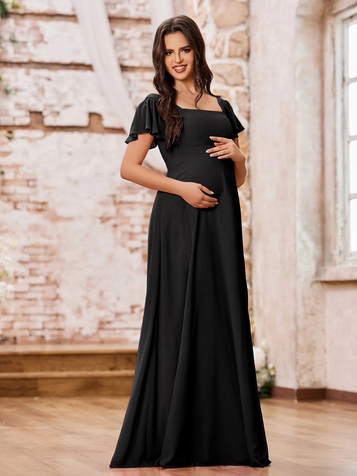 Chiffon Dresses with Square Neck and Fluttering Sleeves Black - Image 3