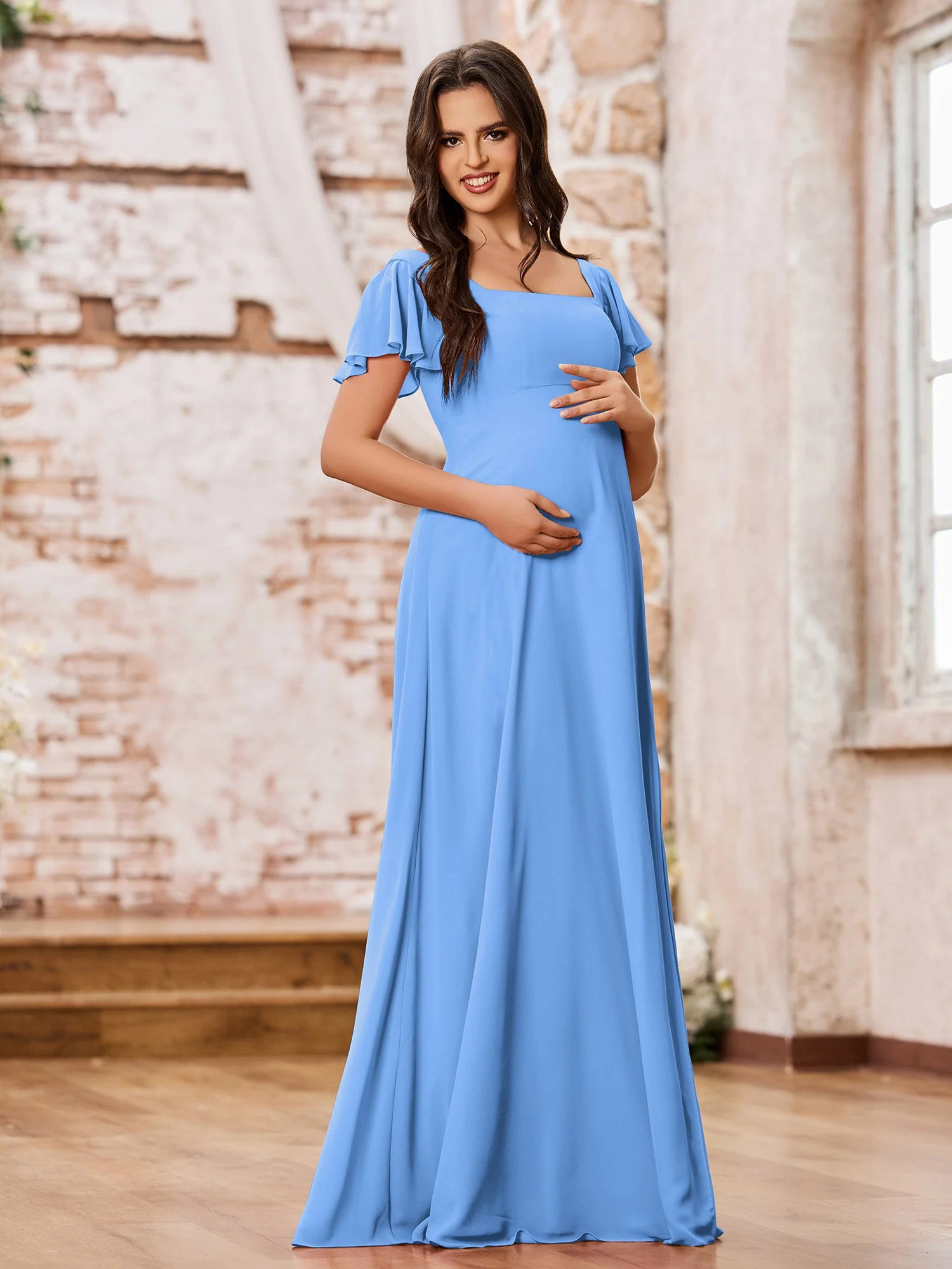 Chiffon Dresses with Square Neck and Fluttering Sleeves Blue - Image 3