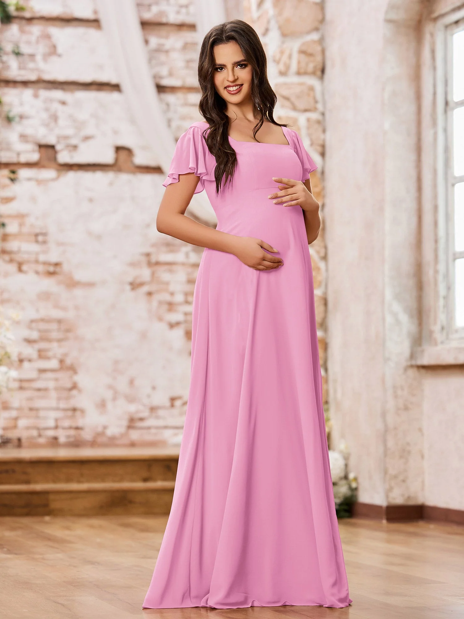 Chiffon Dresses with Square Neck and Fluttering Sleeves Candy Pink - Image 3