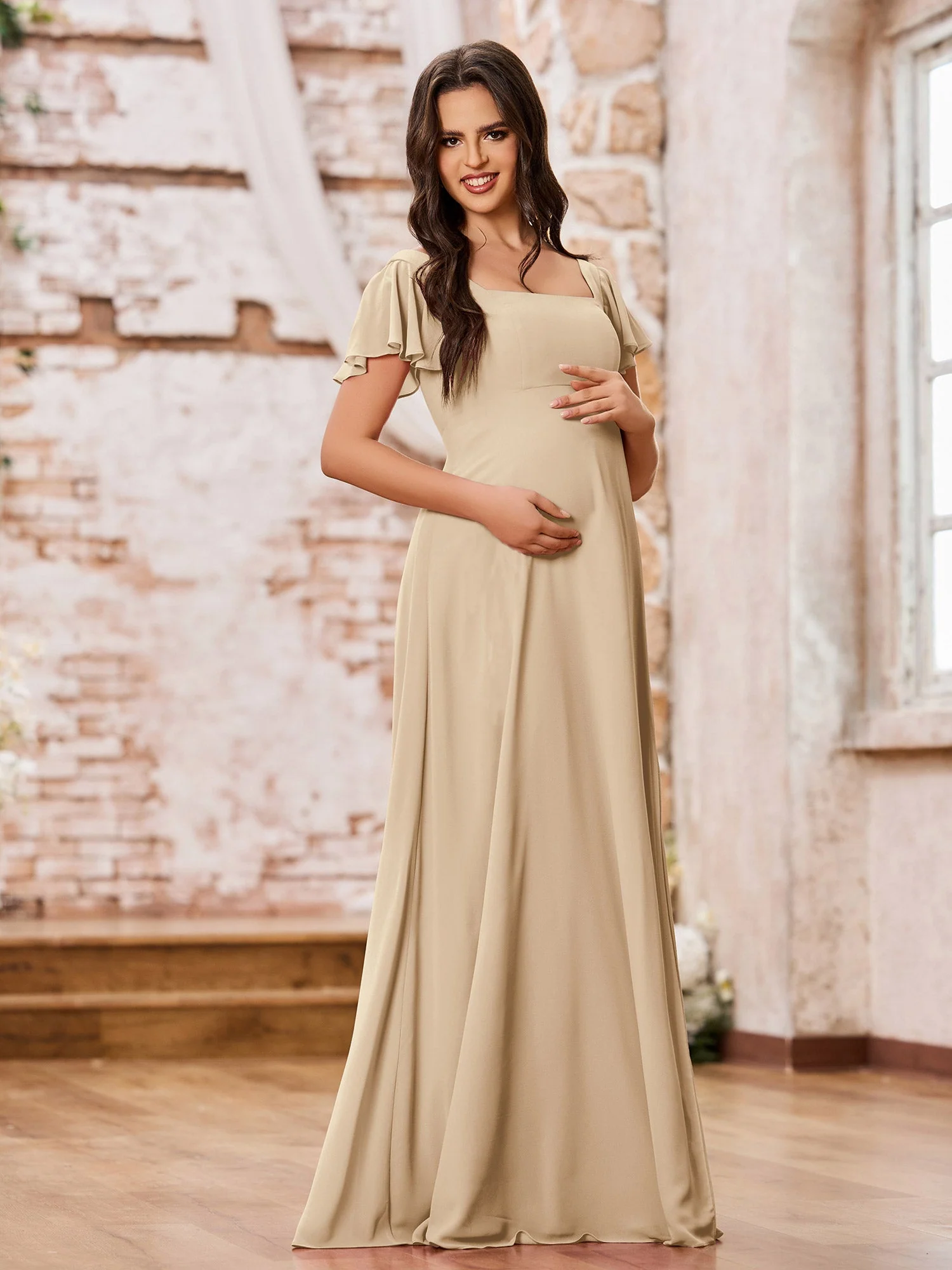 Chiffon Dresses with Square Neck and Fluttering Sleeves Champagne - Image 3