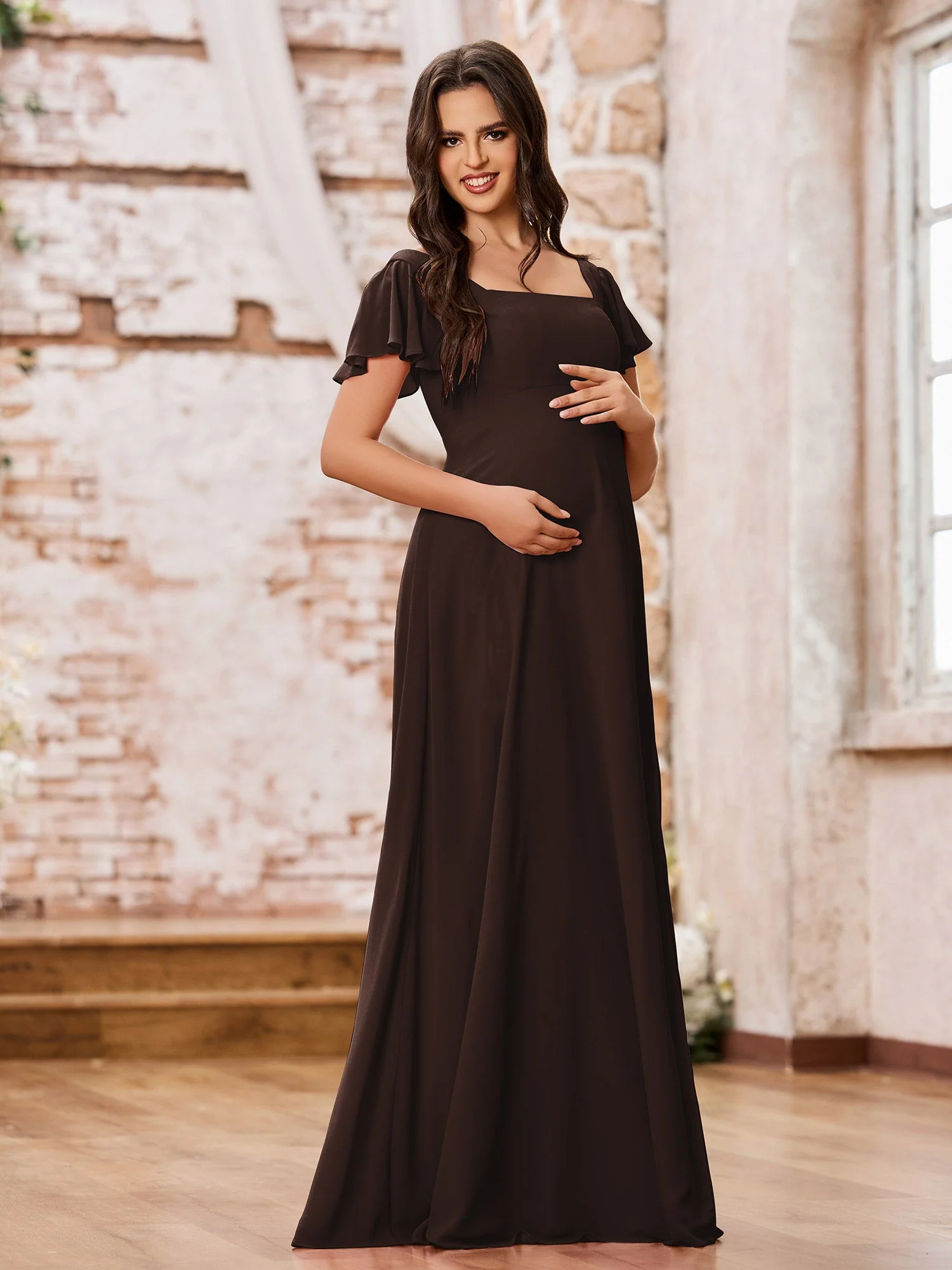 Chiffon Dresses with Square Neck and Fluttering Sleeves Chocolate - Image 3