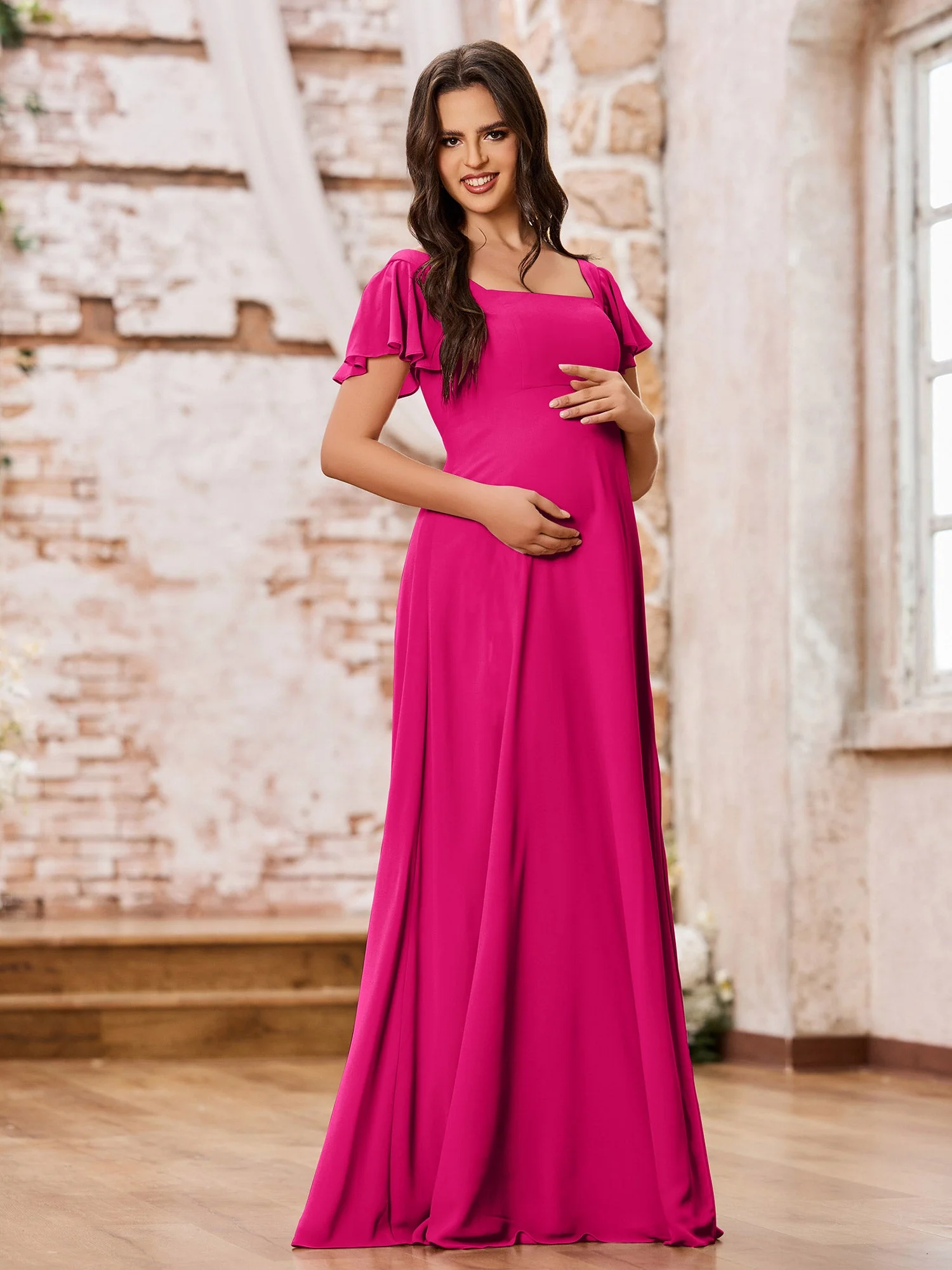 Chiffon Dresses with Square Neck and Fluttering Sleeves Fuchsia - Image 3