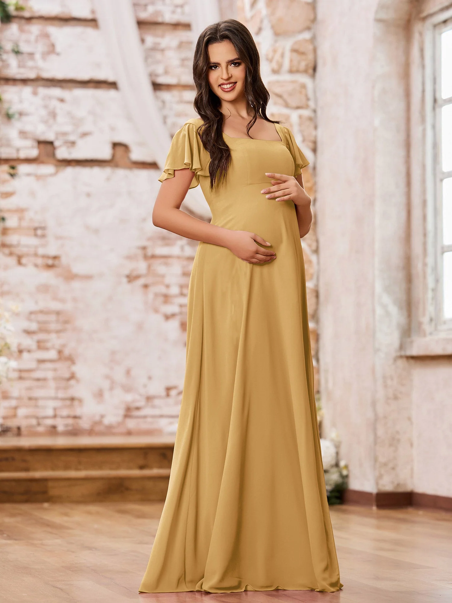 Chiffon Dresses with Square Neck and Fluttering Sleeves Gold - Image 3