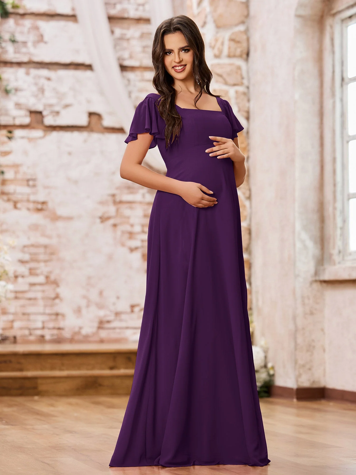 Chiffon Dresses with Square Neck and Fluttering Sleeves Grape - Image 3