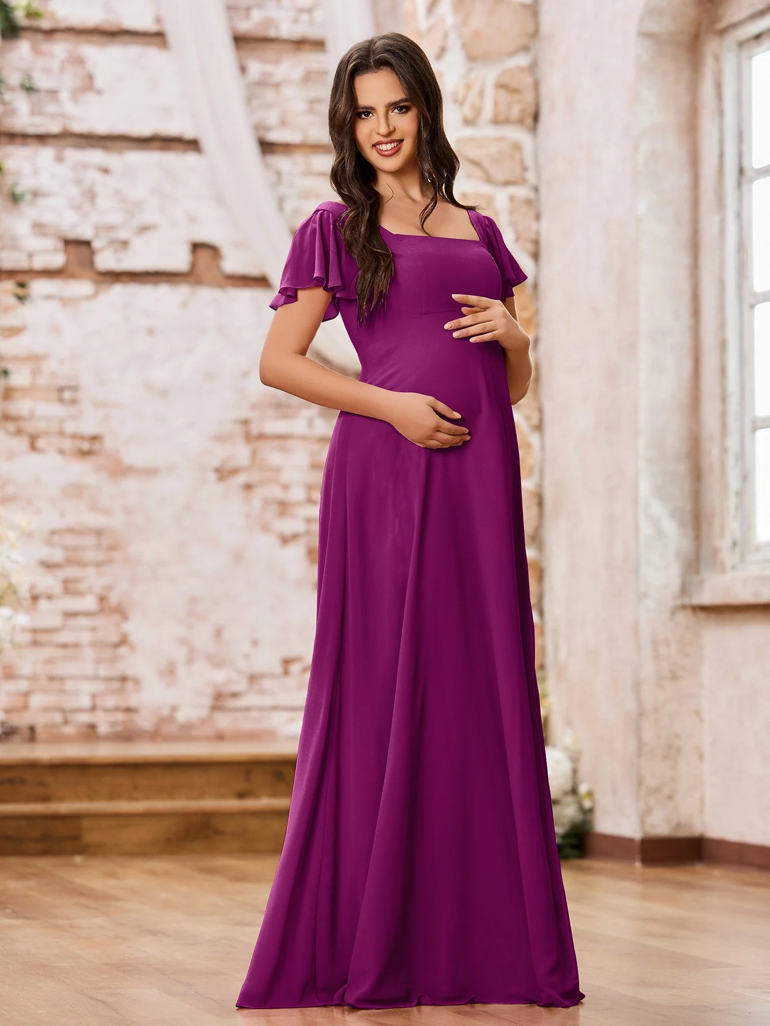 Chiffon Dresses with Square Neck and Fluttering Sleeves Orchid - Image 3