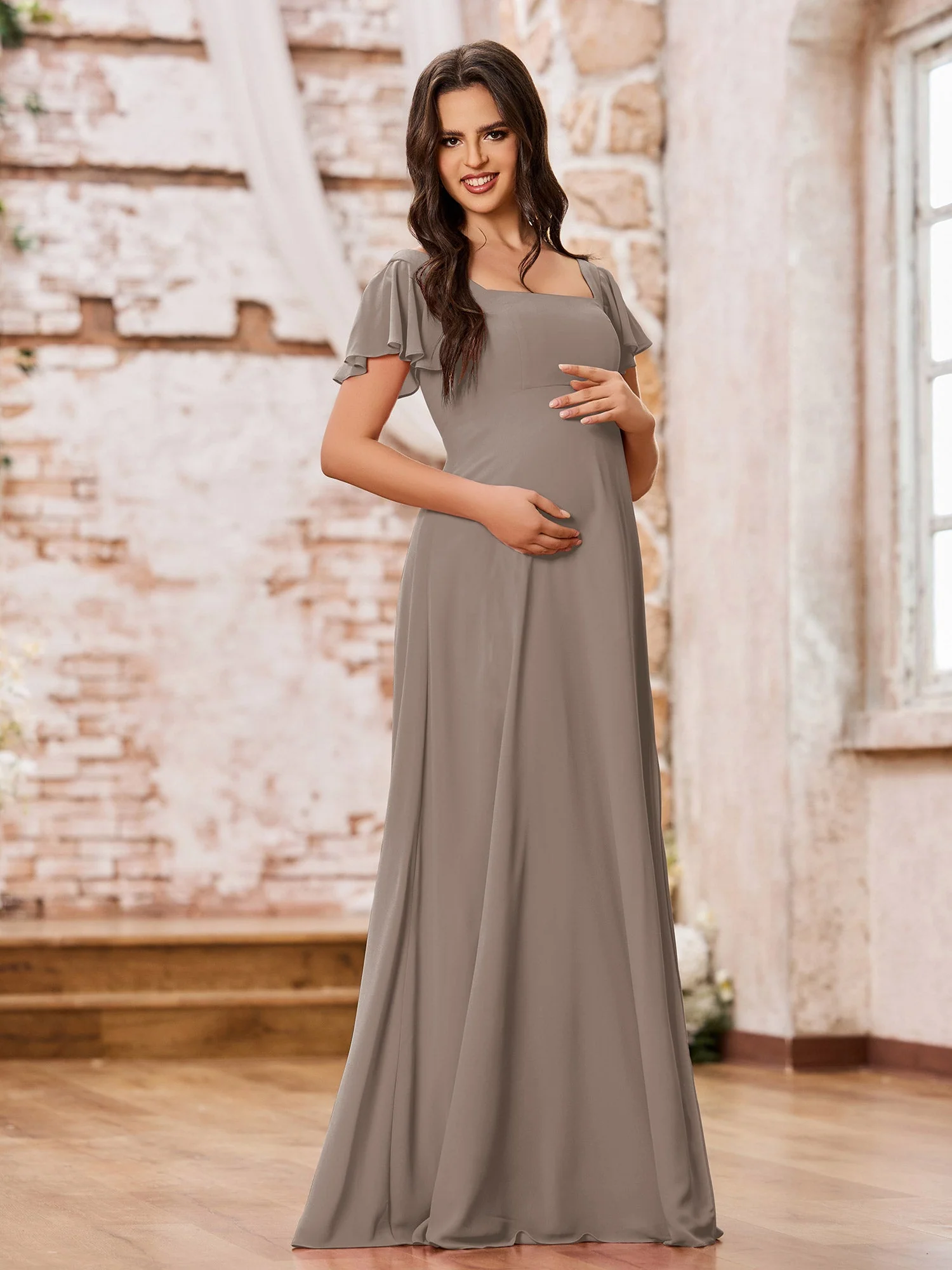Chiffon Dresses with Square Neck and Fluttering Sleeves Taupe - Image 3