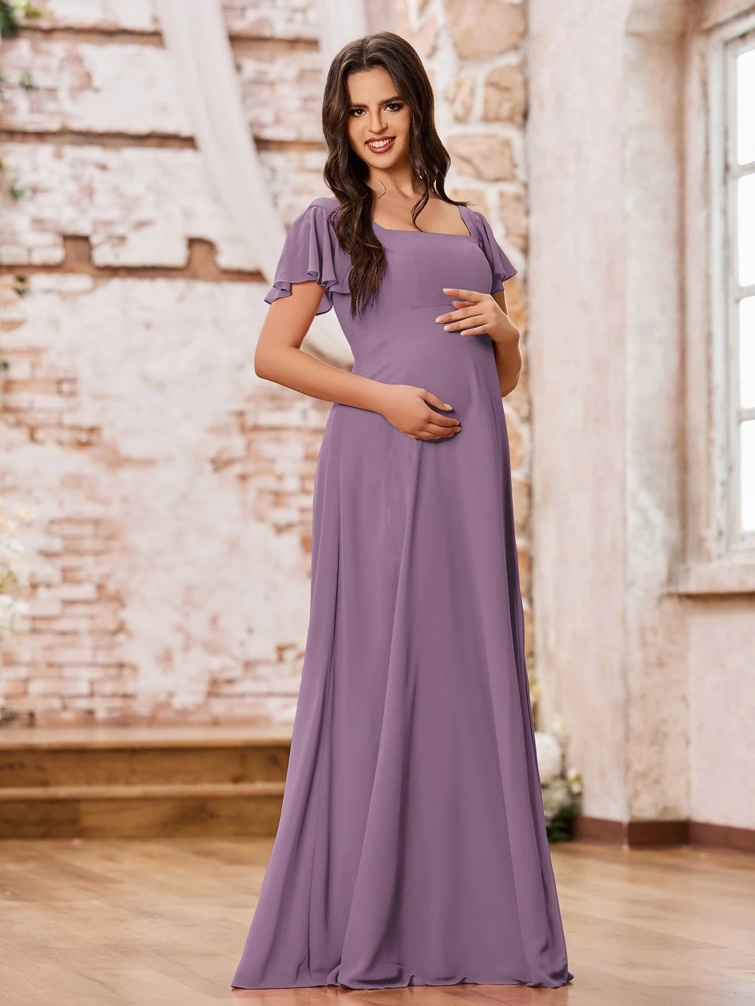 Chiffon Dresses with Square Neck and Fluttering Sleeves Wisteria - Image 3