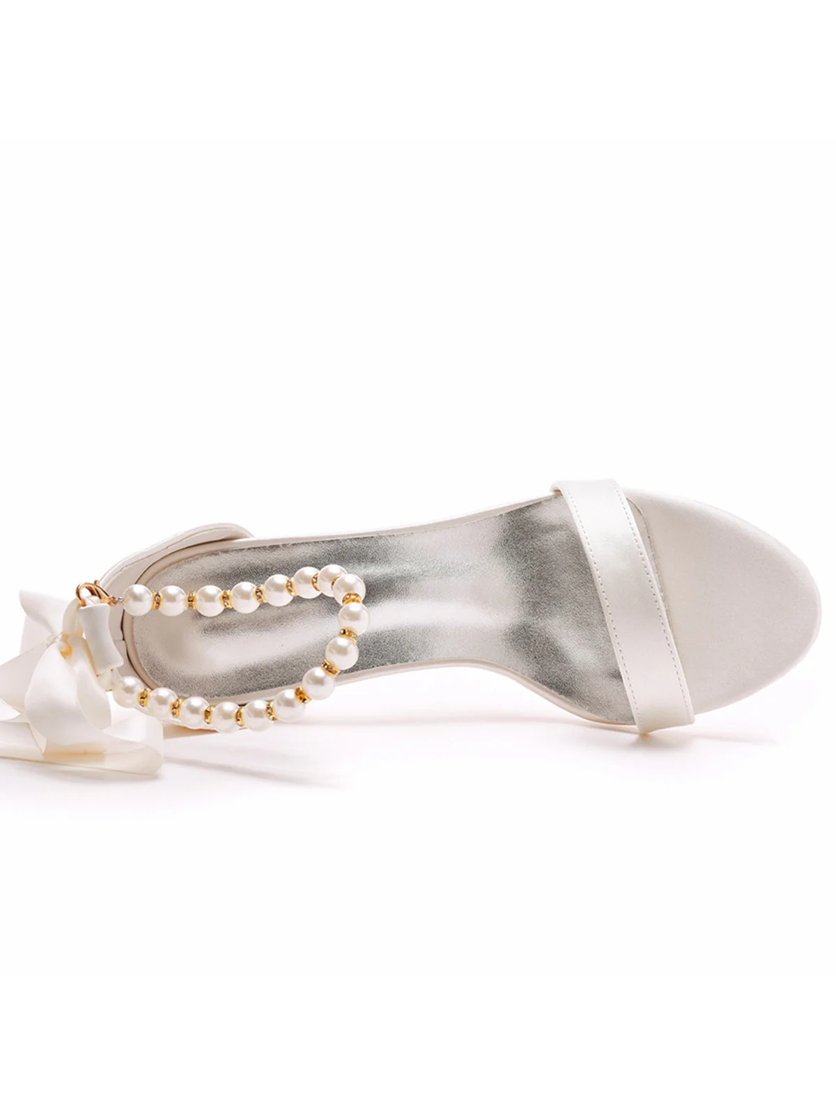 Elegant Pearl Ribbon Tie Open Toe Ankle Strap Block High Heels - Image 25