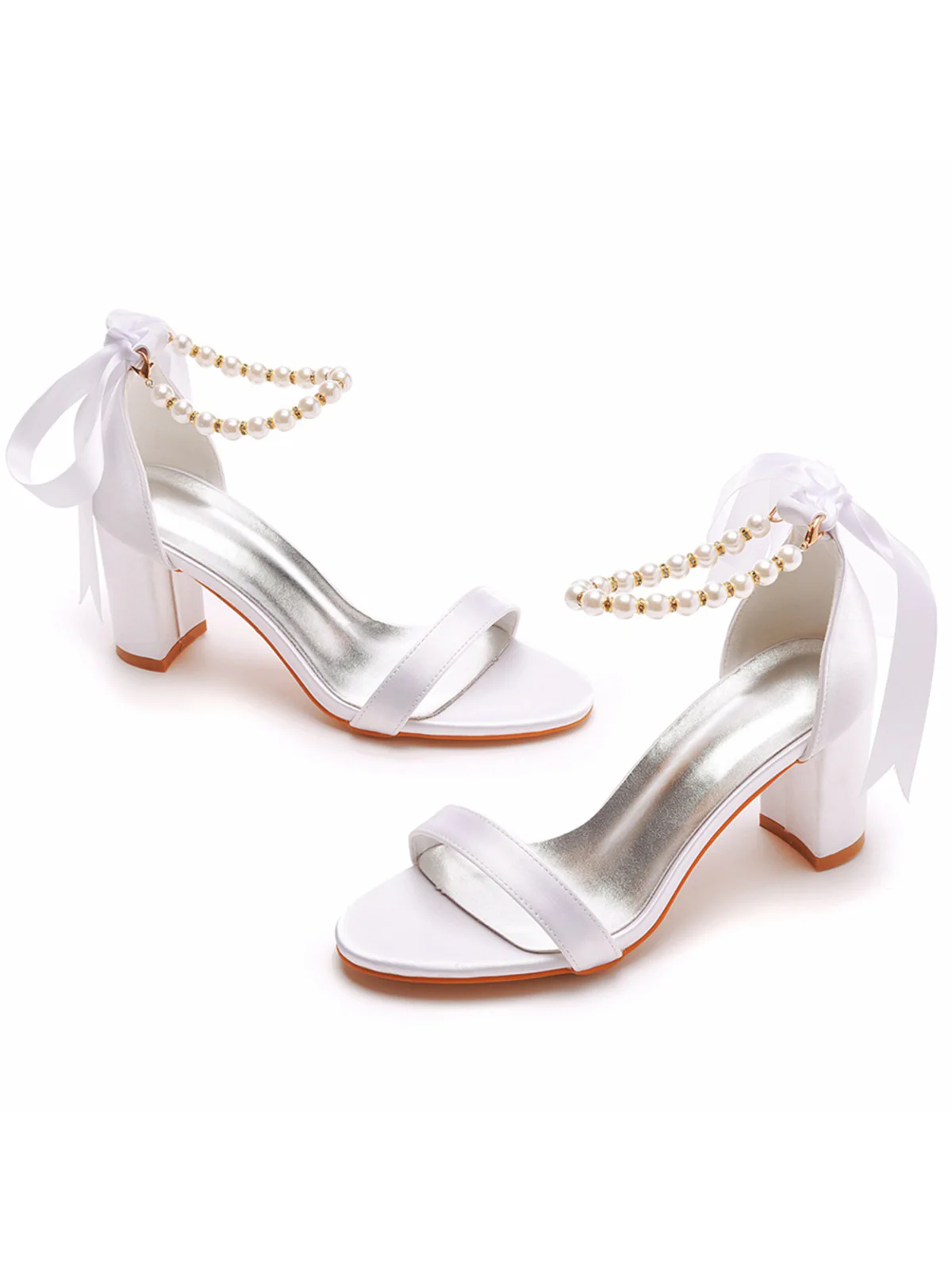 Elegant Pearl Ribbon Tie Open Toe Ankle Strap Block High Heels - Image 30