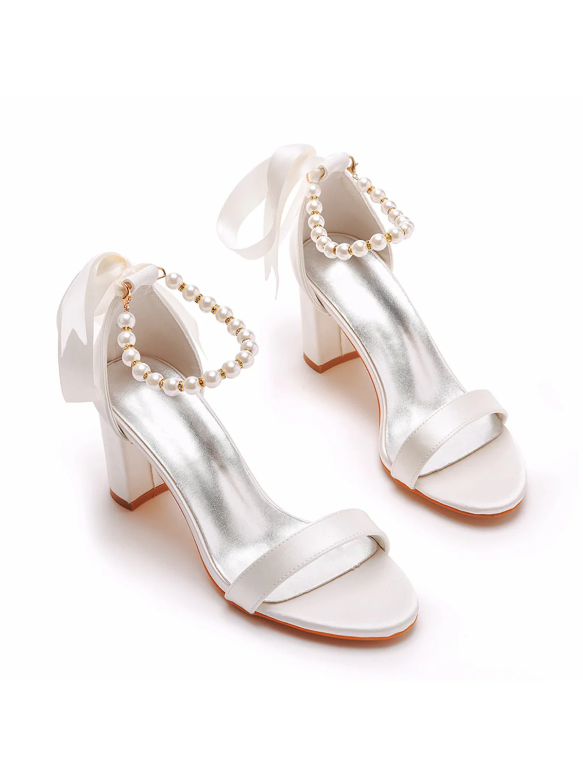 Elegant Pearl Ribbon Tie Open Toe Ankle Strap Block High Heels - Image 4