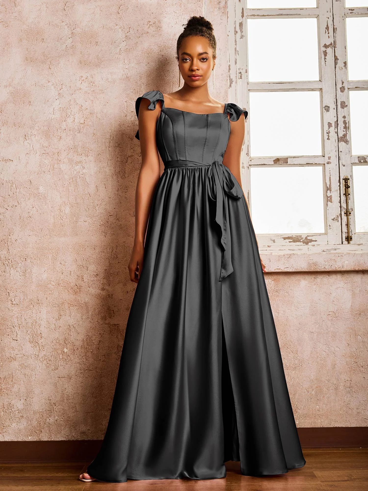 Floor-length Square Neck A-line High Slit Dresses With Belt Black - Image 3