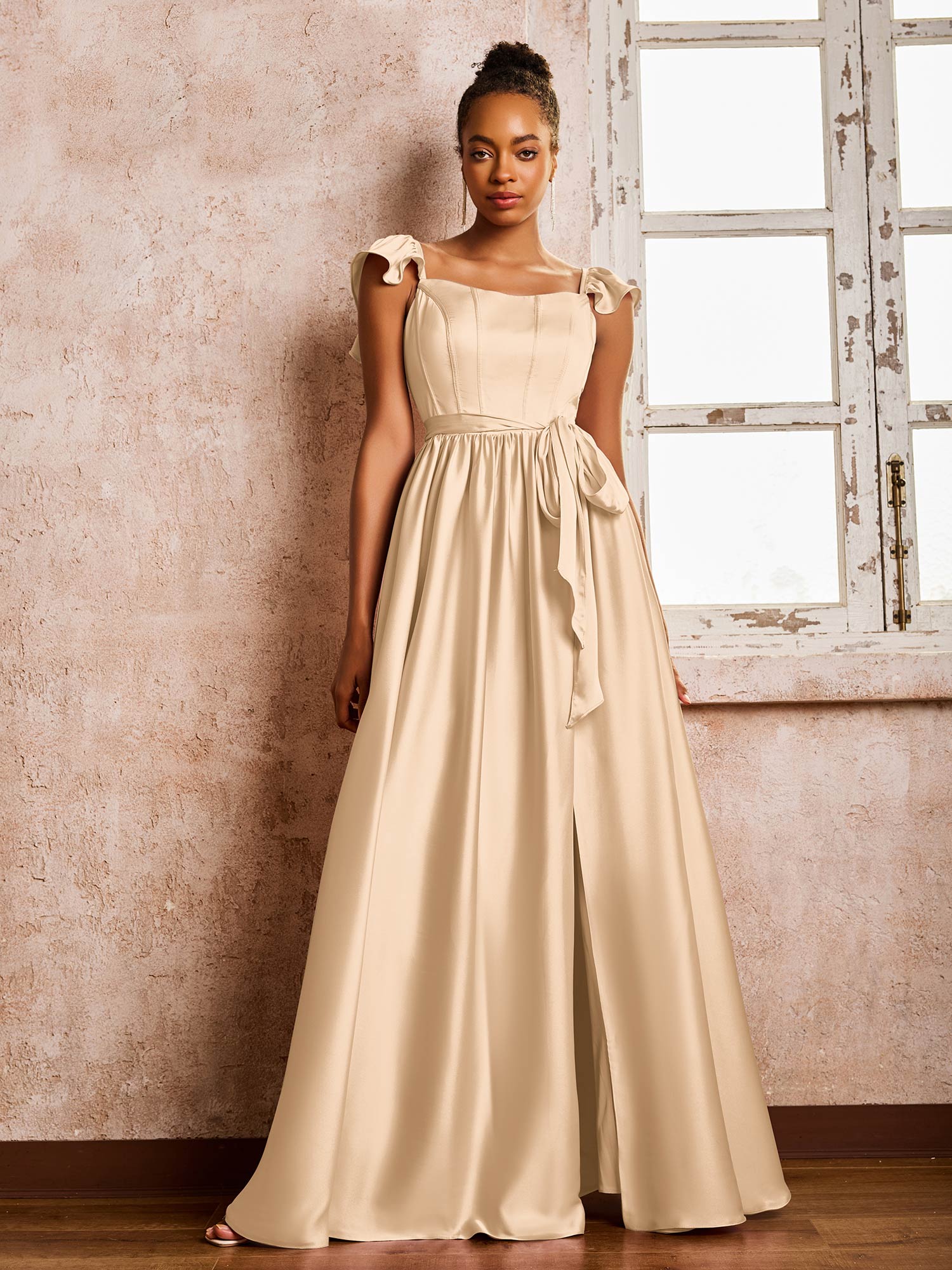 Floor-length Square Neck A-line High Slit Dresses With Belt Champagne - Image 3