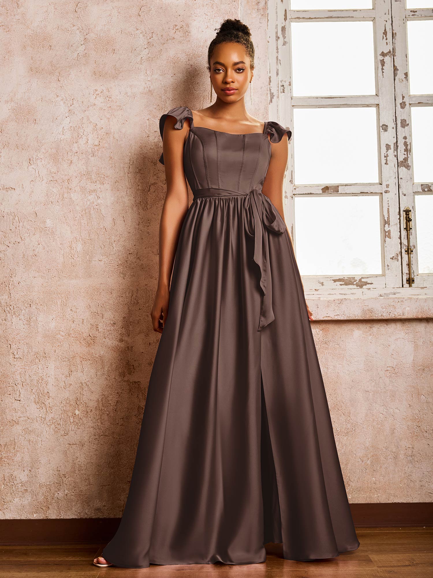 Floor-length Square Neck A-line High Slit Dresses With Belt Chocolate - Image 3