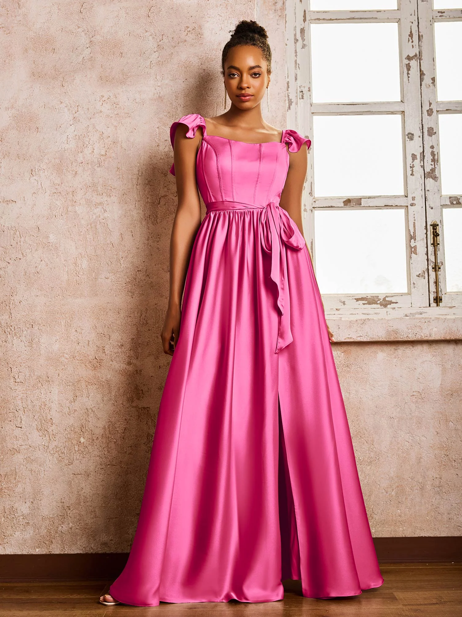 Floor-length Square Neck A-line High Slit Dresses With Belt Fuchsia - Image 3