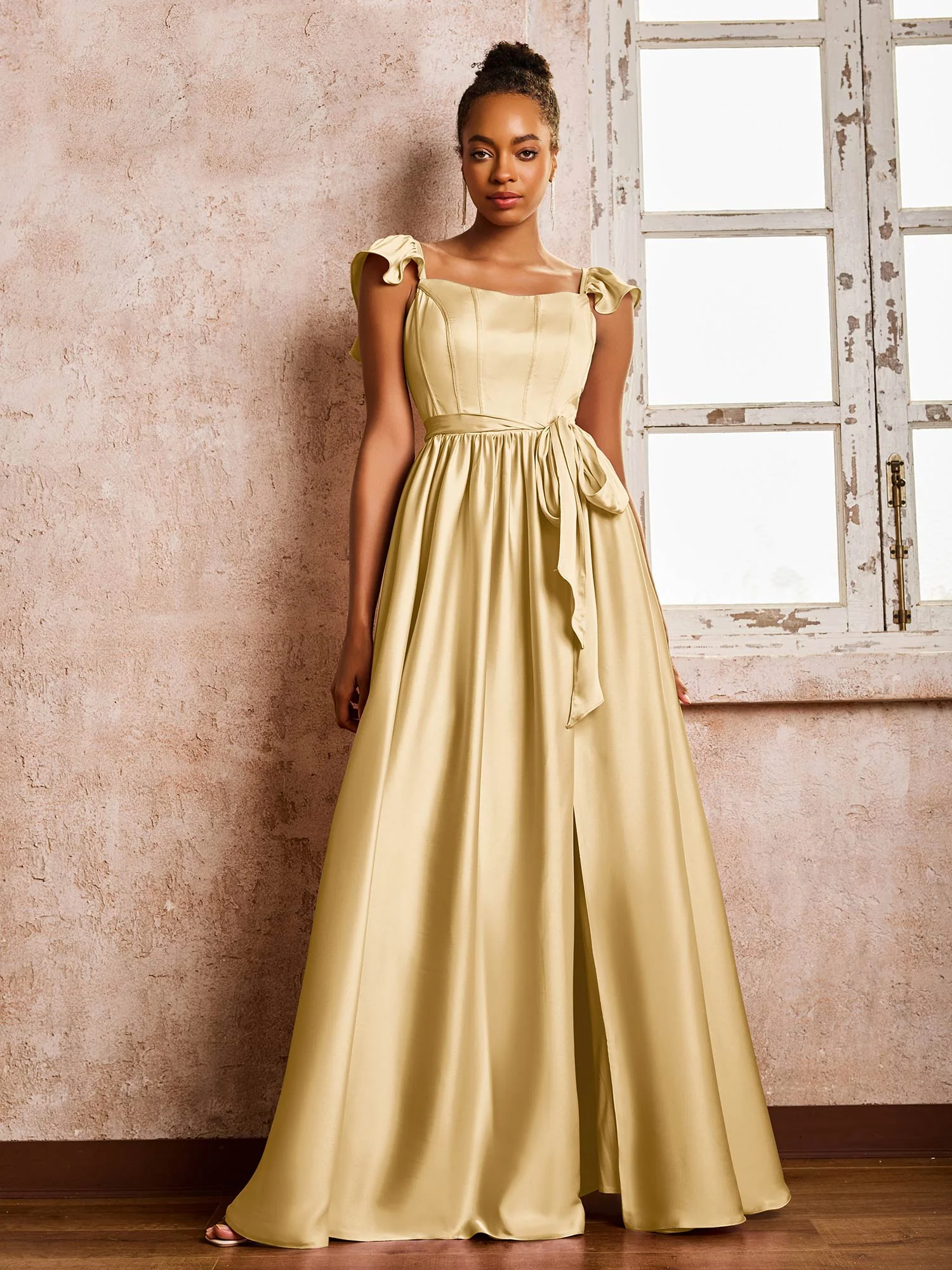 Floor-length Square Neck A-line High Slit Dresses With Belt Gold - Image 3