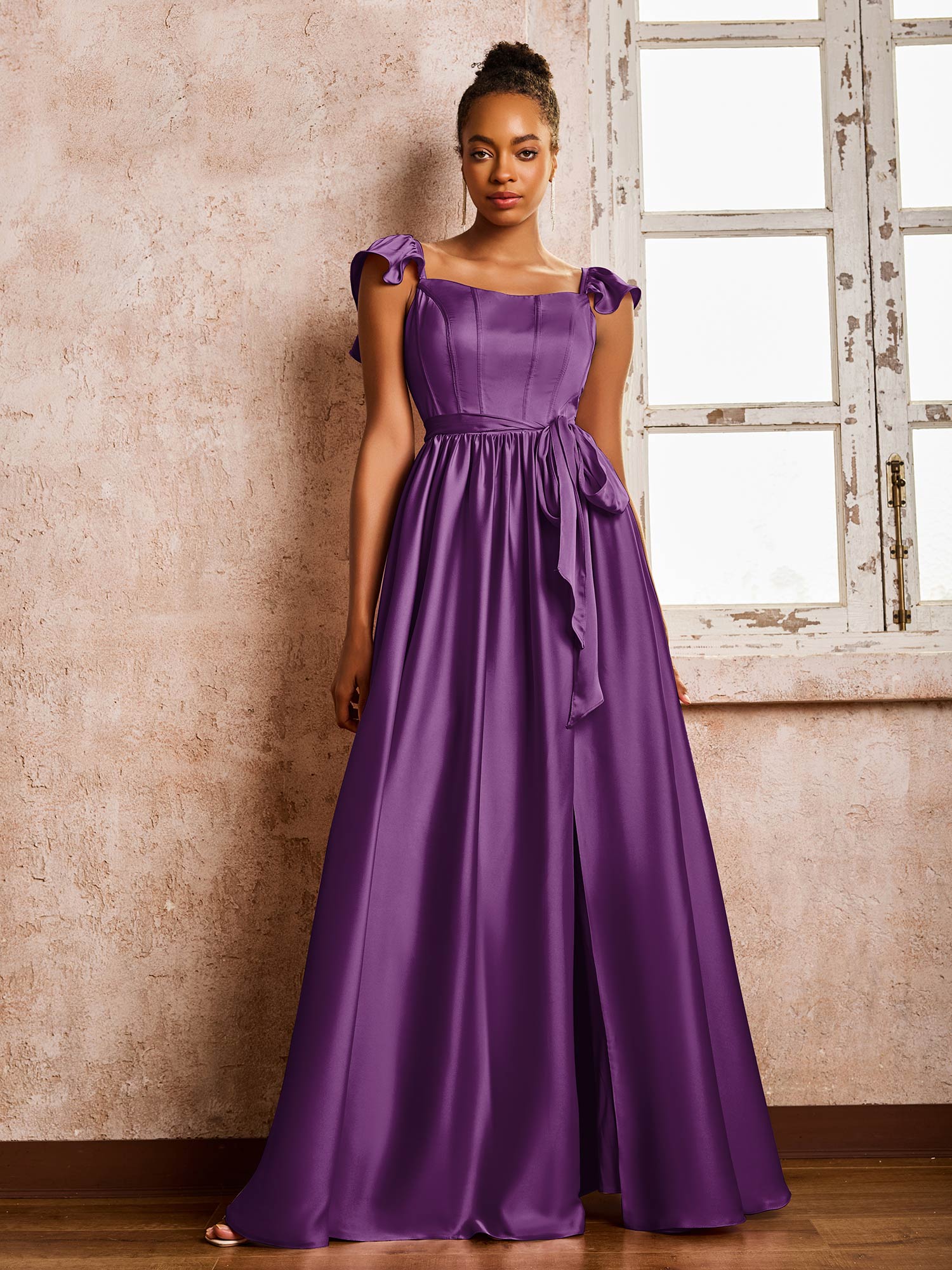 Floor-length Square Neck A-line High Slit Dresses With Belt Grape - Image 3